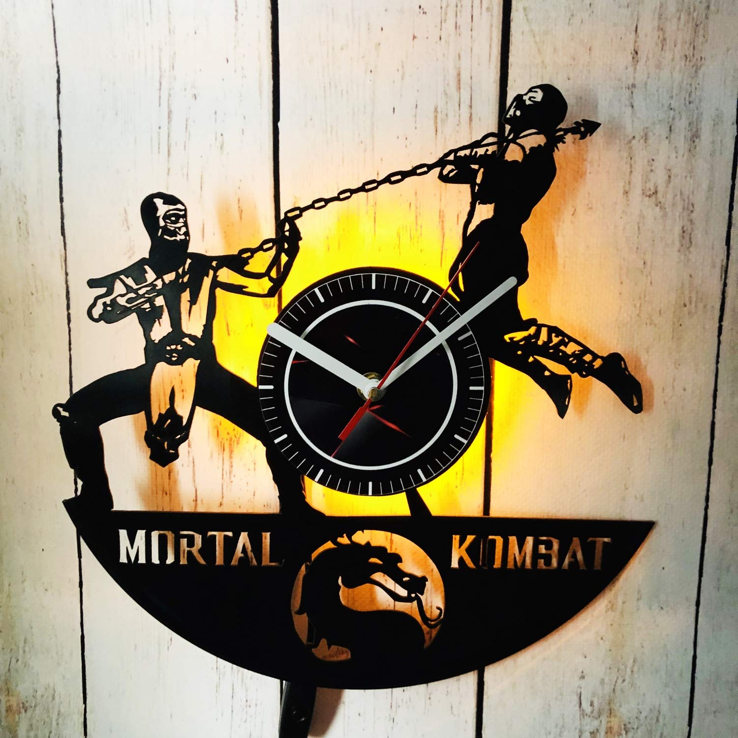 Mortal Kombat LED Backlit Wall Clock - Vinyl Silent Non-Ticking Clock with Night Light, Yellow Atmosphere Lamp for Living Room, Bedroom & Game Room Decor | Perfect for Gamers, Home & Office Use