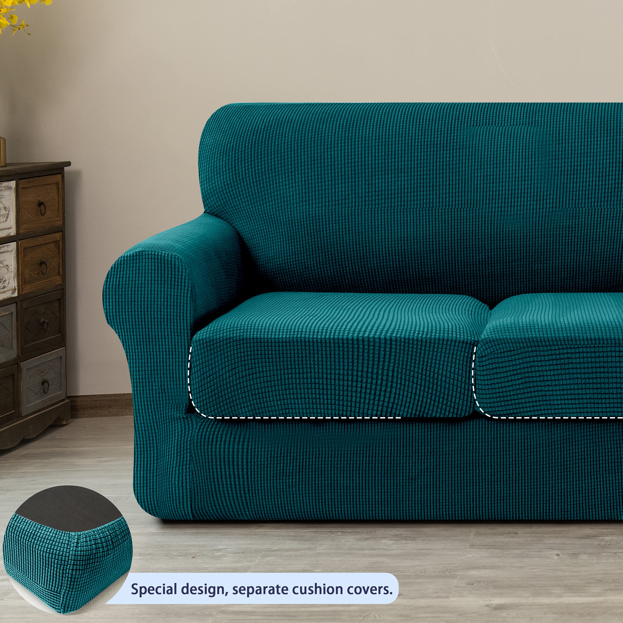 SUBRTEX Sofa Slipcover with Separate Cushion Covers - Stretchable 2/3 Seater Couch Protector for Pets & Kids (Medium/Large, Turquoise) - Perfect for Living Room Furniture Protection & Home Decor
