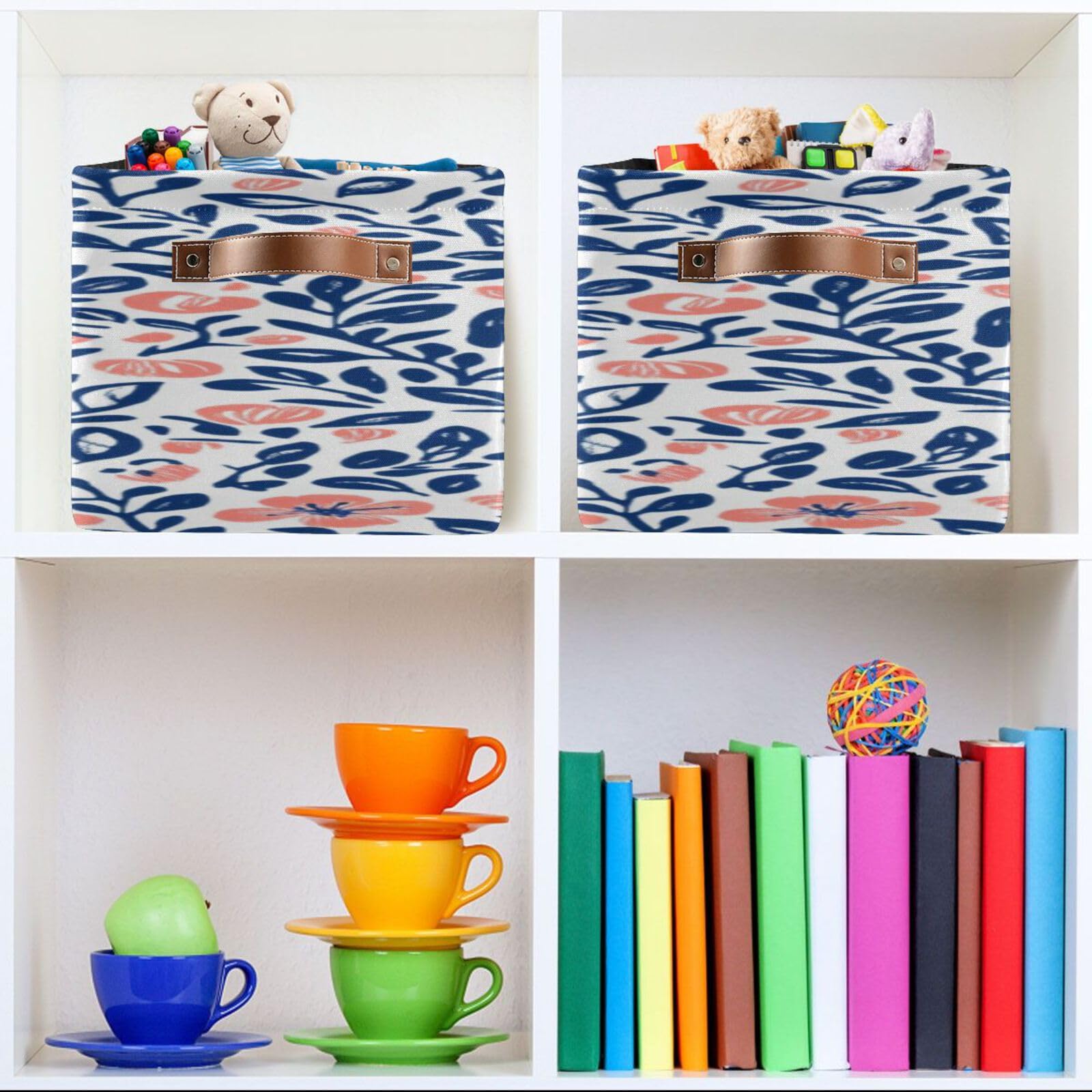 Large Foldable Storage Baskets with Handles - 2 Pack Coral Bouquet Organizing Bins for Closet, Shelves & Home Organization | Perfect for Bedroom, Bathroom & Kids Room Storage
