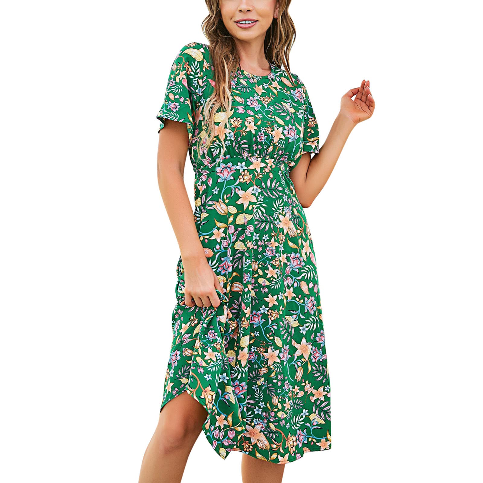 Women's Floral Print Midi Dress - Round Neck Short Sleeve Summer Party Dress with Tiered Design | Perfect for Garden Parties, Brunch Dates & Summer Vacations