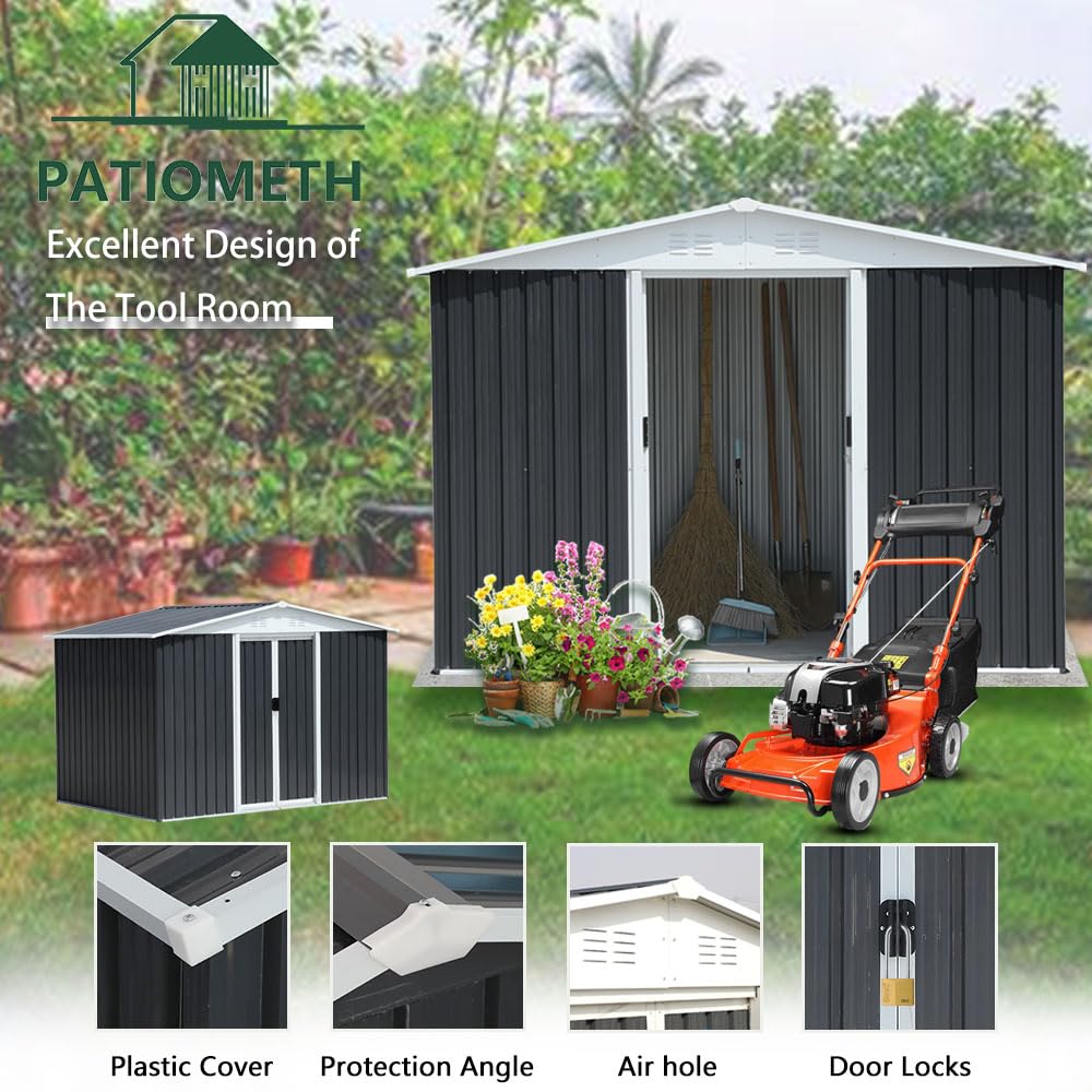 8' x 6' Galvanized Steel Outdoor Storage Shed with Sliding Door & Window - Weatherproof Metal Garden Shed for Backyard, Patio, and Lawn Organization (Grey) - Perfect for Storing Tools, Equipment, and Seasonal Items