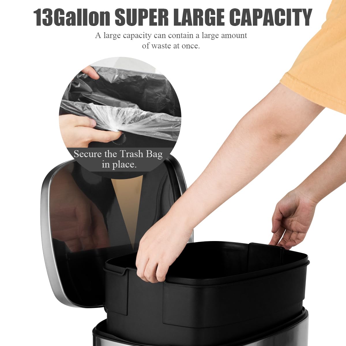 Goplus 13.2 Gallon/50L Stainless Steel Touchless Trash Can with Step-On Pedal, Soft-Close Lid & Fingerprint-Resistant - Perfect for Kitchen, Living Room & Home Office Waste Disposal