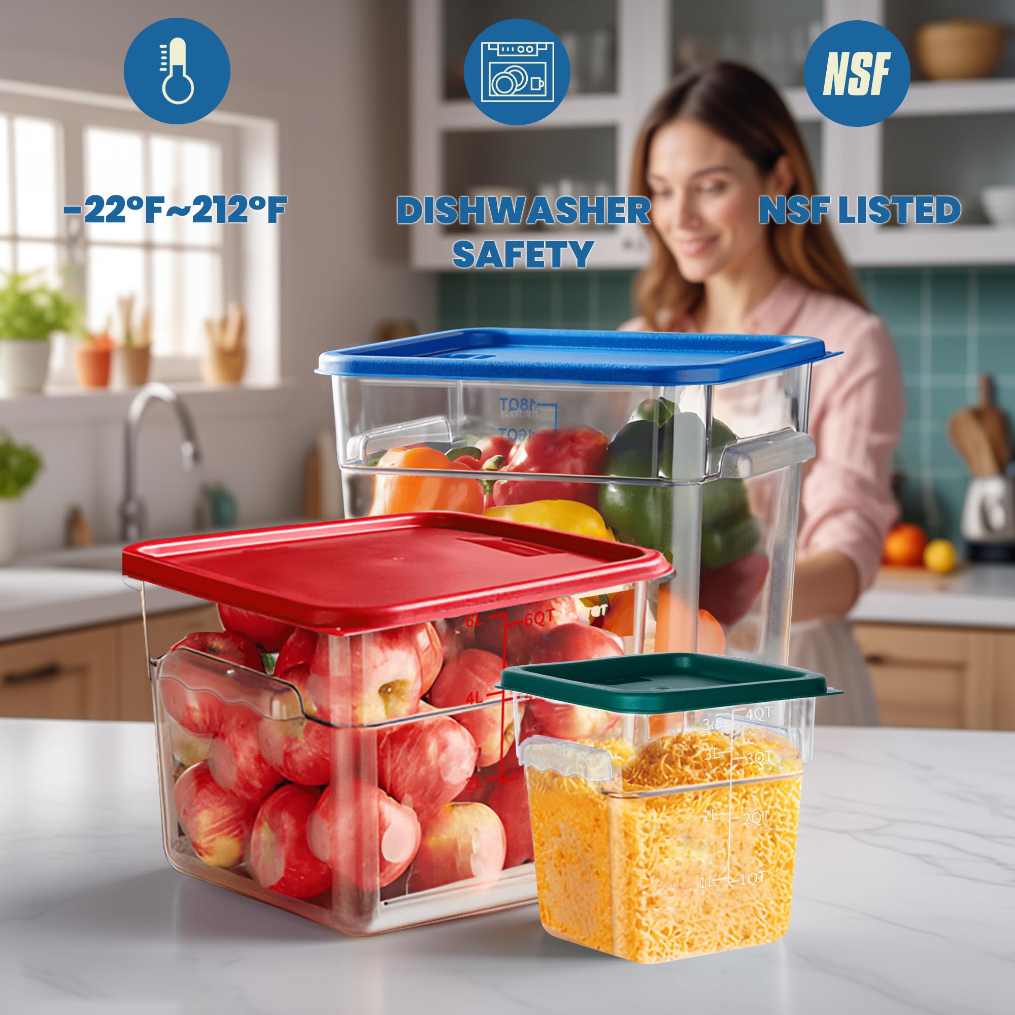 4 Pack 18QT Square Clear Polycarbonate Food Storage Containers with Lids & Measurement Scales - Commercial Grade, BPA-Free, Stackable for Kitchen, Restaurant, Meal Prep & Bulk Food Organization