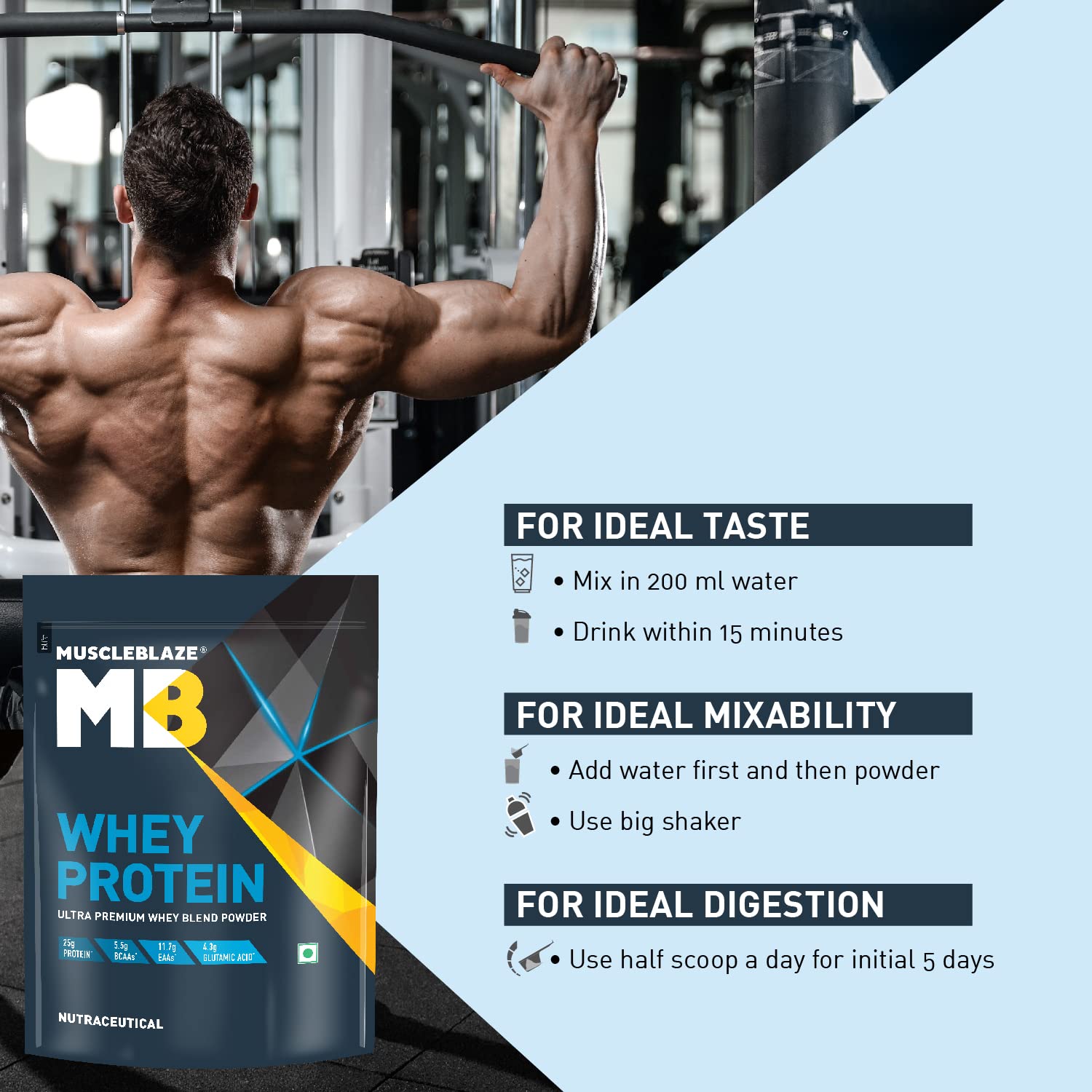 MuscleBlaze 100% Whey Protein Powder - Ultra Premium Blend with Whey Protein Concentrate & Isolate, 25g Protein per Scoop, Rich Milk Chocolate Flavor (1kg / 2.2lb) - Perfect for Post-Workout Recovery, Muscle Building & Weight Management