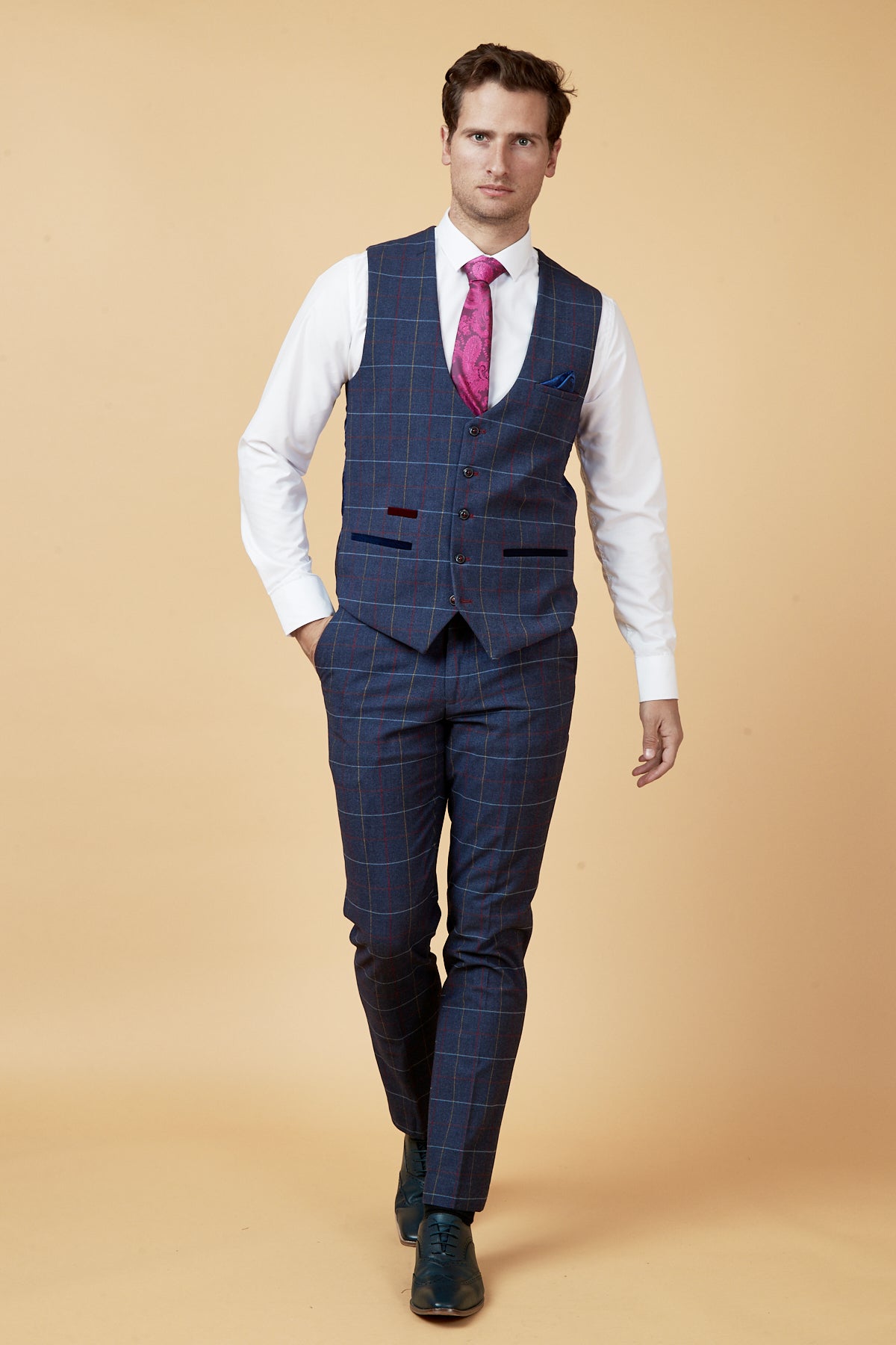 Drake Navy Check Waistcoat for Men - Slim Fit Formal Vest with Pocket - Perfect for Weddings, Business Meetings & Office Wear