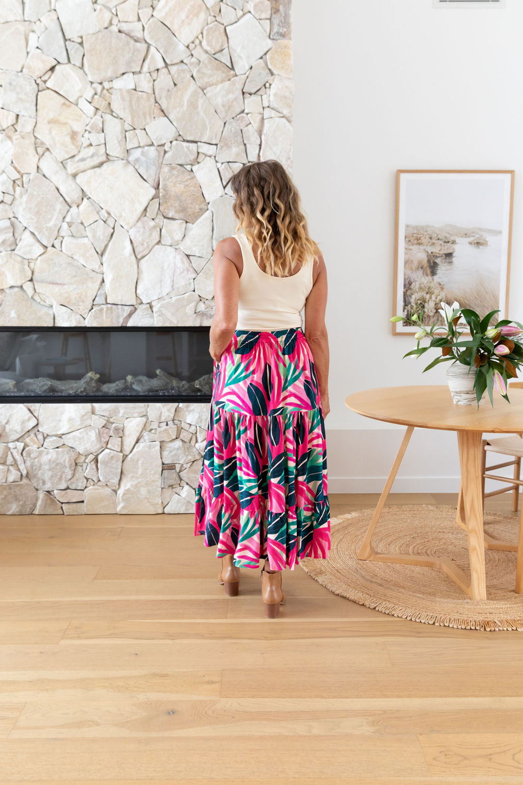 Carrie Skirt in Jungle Pink - Women's Floral A-Line Midi Skirt with Pockets | Perfect for Spring Outfits, Office Wear & Casual Dates