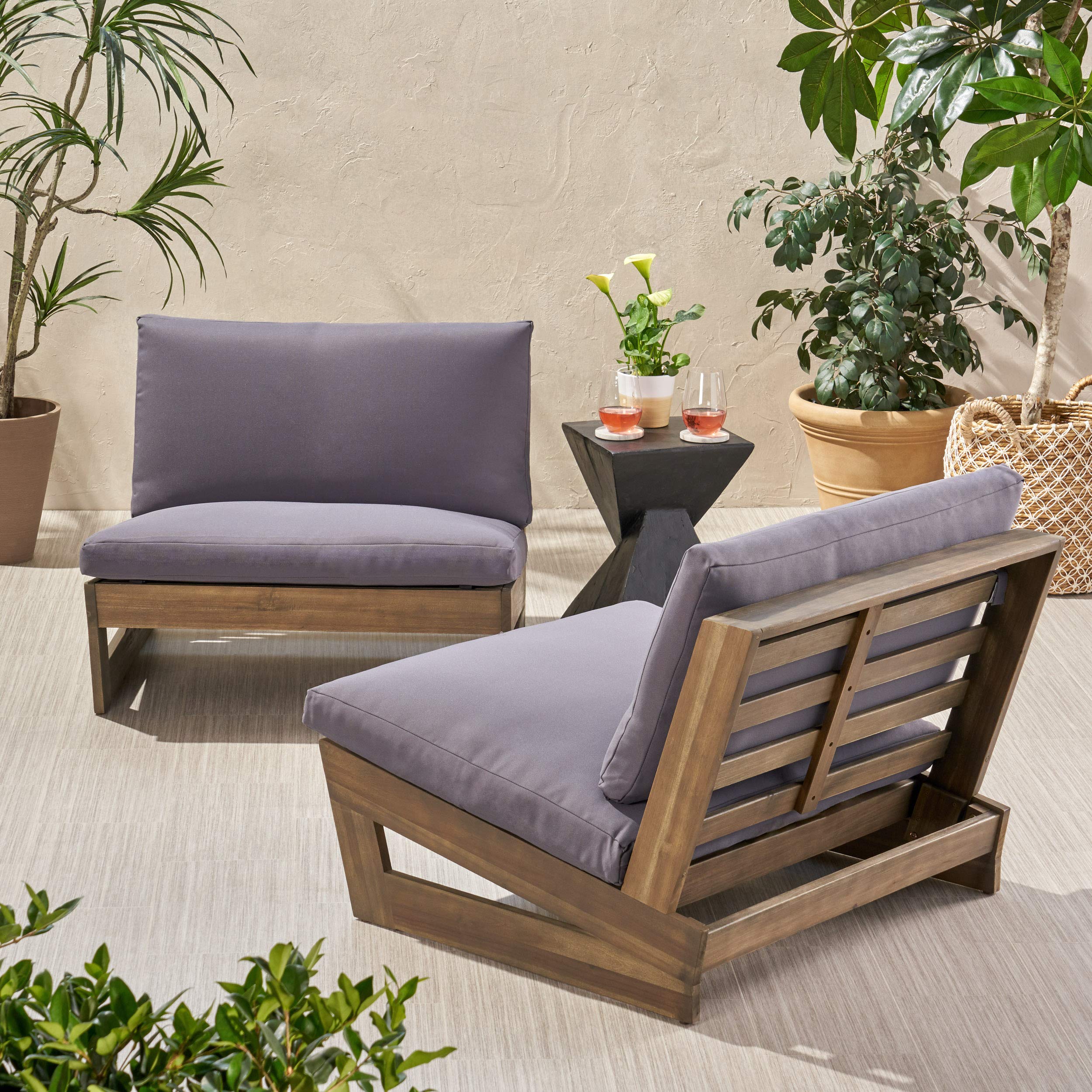 Premium Acacia Wood Outdoor Club Chairs with Cushions (Set of 2) - Gray & Dark Gray - Patio, Garden, Poolside Lounge Furniture for Backyard & Deck