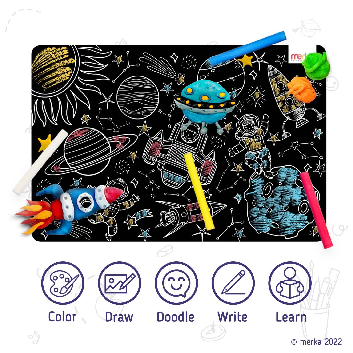 merka Kids Reusable Coloring Placemats Set of 4 - Space Theme with Astronauts, Spaceships & Alphabet - Includes 4 Colored Chalks | Perfect for Dining, Learning & Creative Play