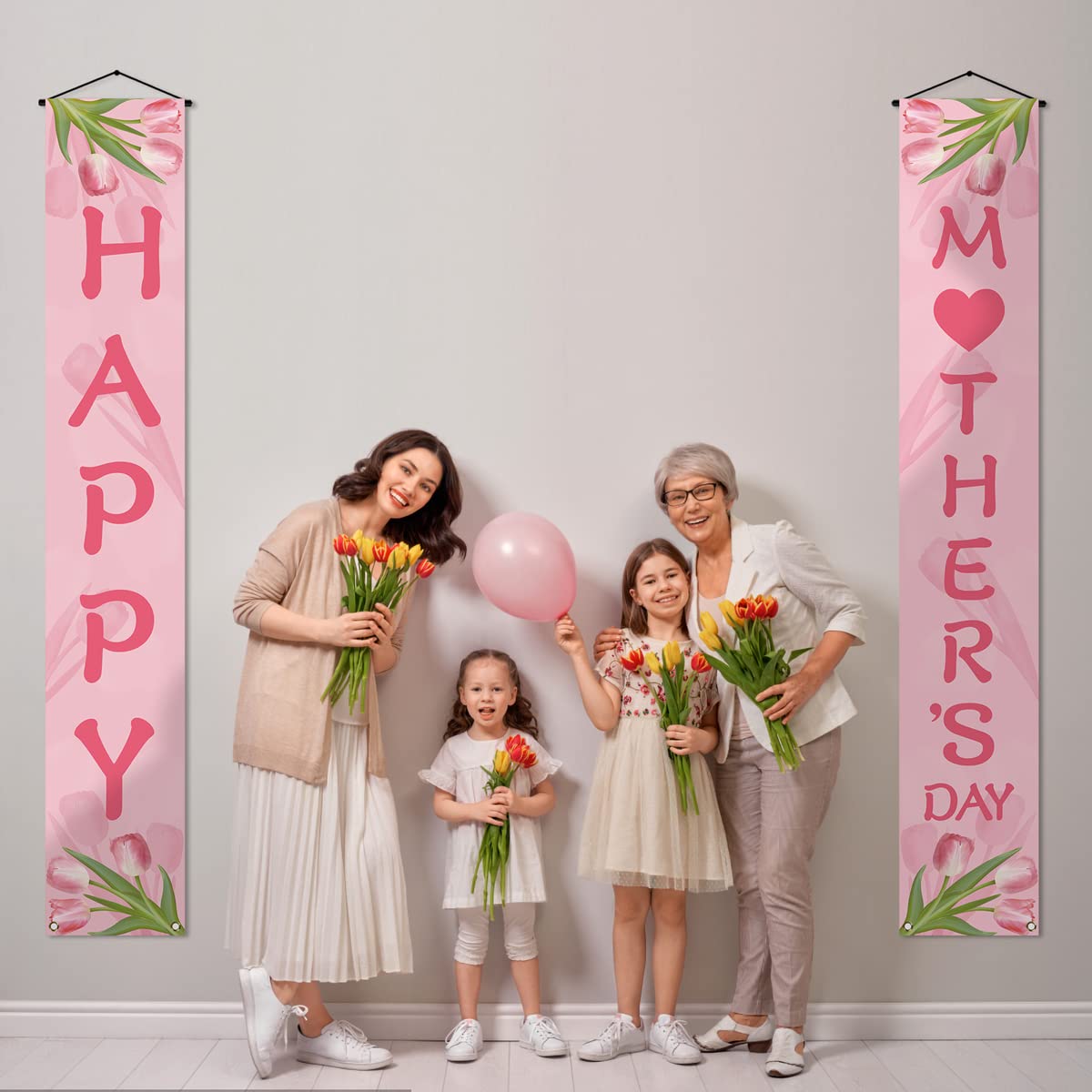 Happy Mother's Day Porch Banner - Pink Heart Welcome Sign for Best Mom Ever, Front Door Wall Hanging Decor for Holiday Parties & Home Celebration