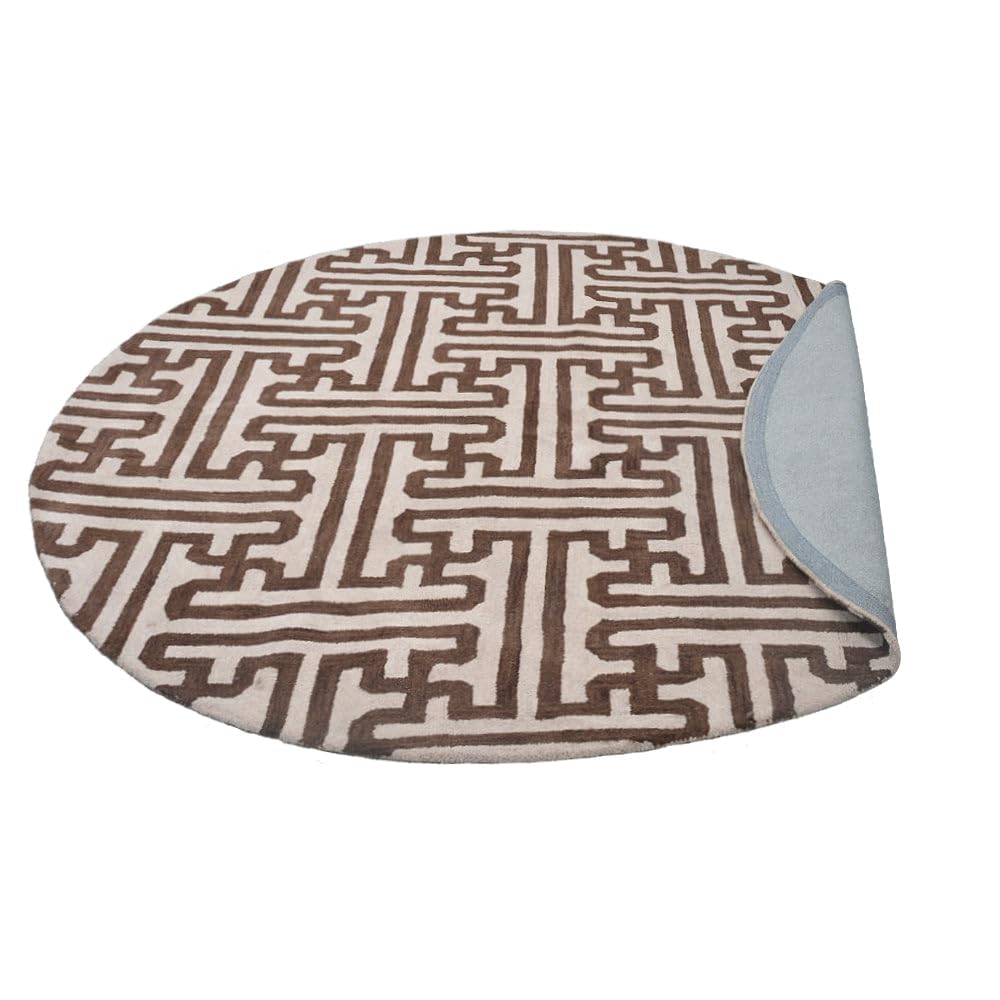 Hand Tufted Wool Eco-Friendly Round Area Rug 8'x8' - Cream & Brown Modern Design, High Pile Non-Slip for Living Room & Bedroom | Sustainable Home Decor, Soft Floor Covering for Cozy Spaces (K00727)