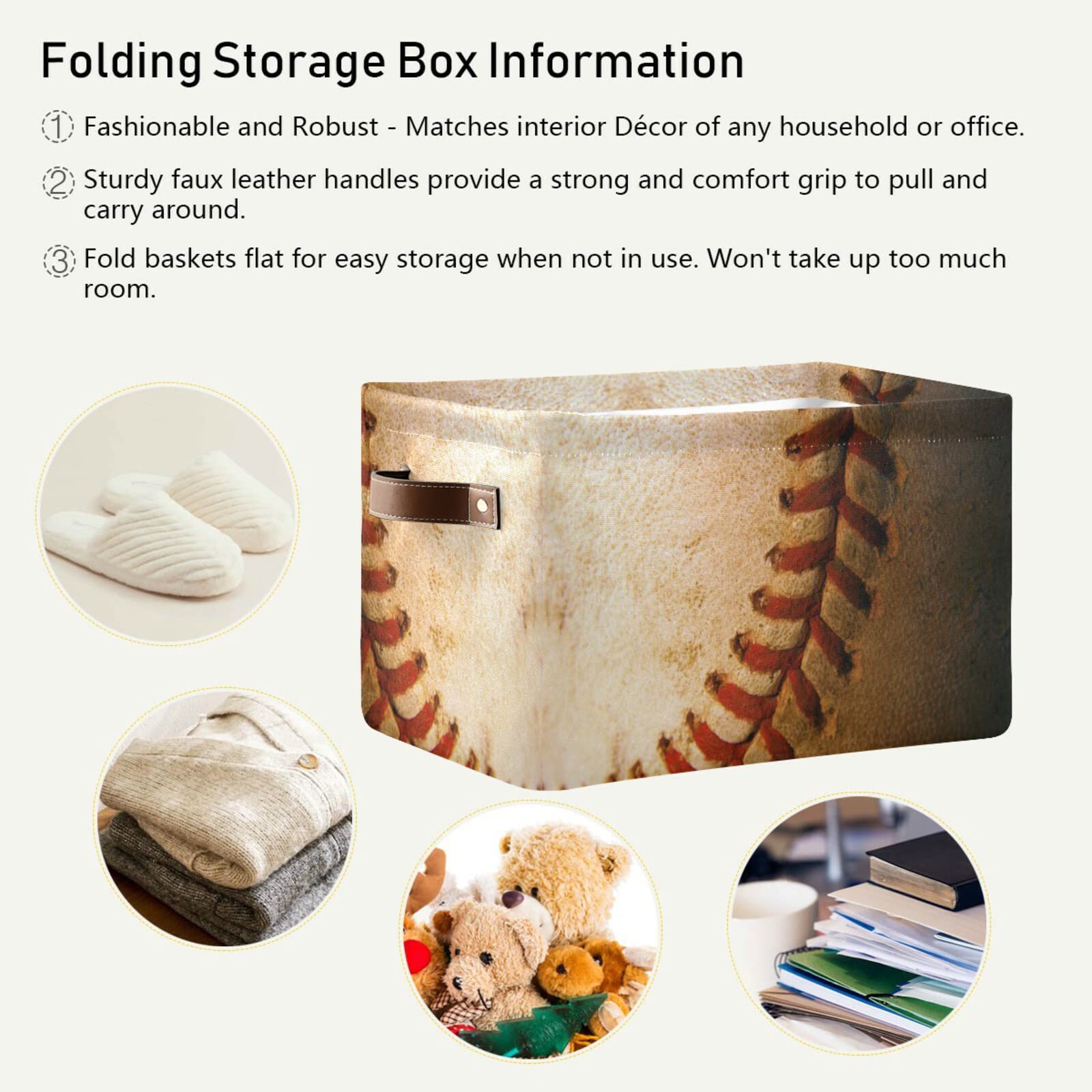 Collapsible Rectangular Storage Basket with Leather Handles - Foldable Organizer Bin for Baseball Gear, Office Supplies & Home Shelves | Perfect for Sports Equipment Storage & Clutter Organization