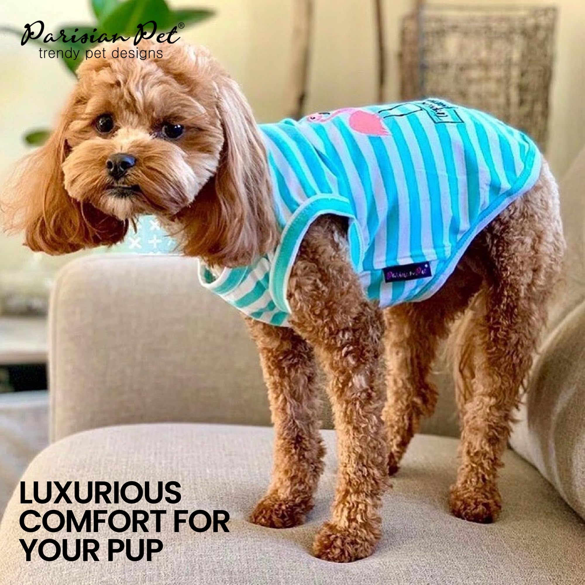 Parisian Pet Dog T-Shirt - Embroidered Flamingo Design Dog Shirt - 100% Cotton Lightweight Dog Tank Top - Machine Washable Dog Tee for Large Breeds (XL) - Perfect for Summer Walks & Beach Outings