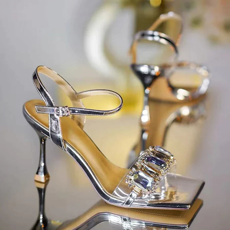 Luxury Gold & Silver High Heel Sandals for Women - Summer Square Toe Crystal Ankle Strap Party Pumps with Thin Heel - Perfect for Weddings, Prom, Evening Events & Special Occasions