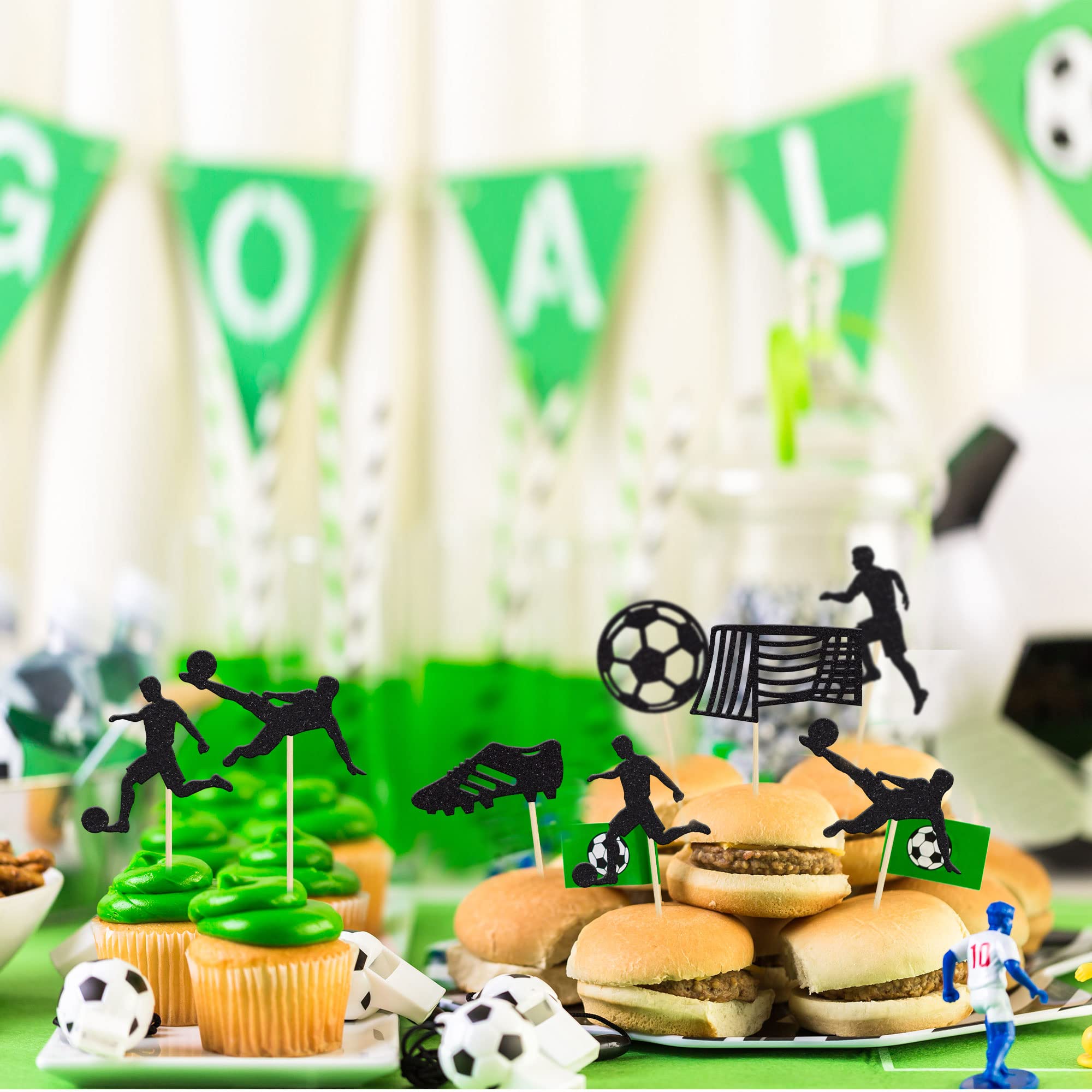 24Pcs Soccer Cupcake Toppers - Black Glitter Football Theme Cake Decorations for Baby Shower, Wedding & Birthday Parties | Sports Ball Food Picks for Soccer-Themed Celebrations