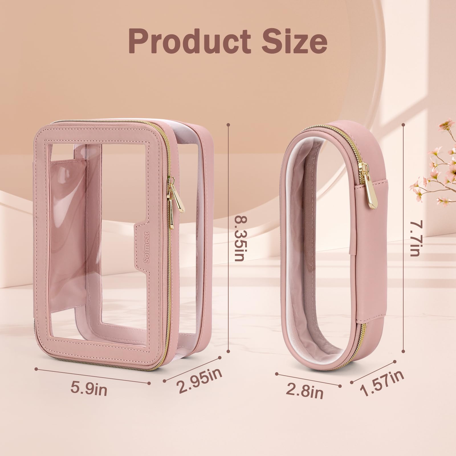Travel Clear Makeup Bag with Brush Holder - Leather Waterproof Toiletry Organizer Case for Women | Portable Transparent Cosmetic Storage Pouch | Perfect for Air Travel, Gym & Daily Essentials (Medium, Pink)
