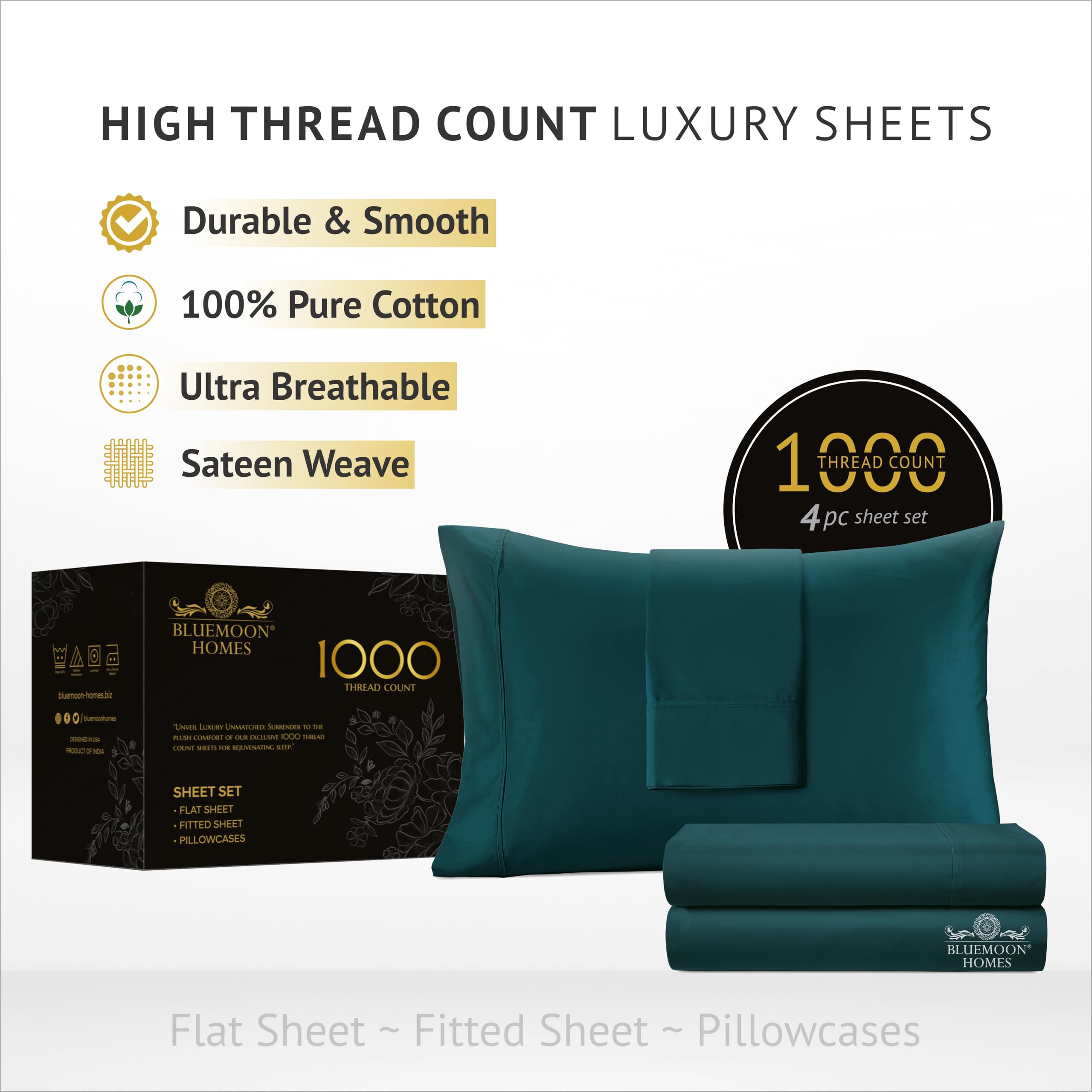 Bluemoon Homes Luxury 1000 Thread Count Egyptian Cotton Full Size Sheet Set - 4 Piece Bed Sheets with 18