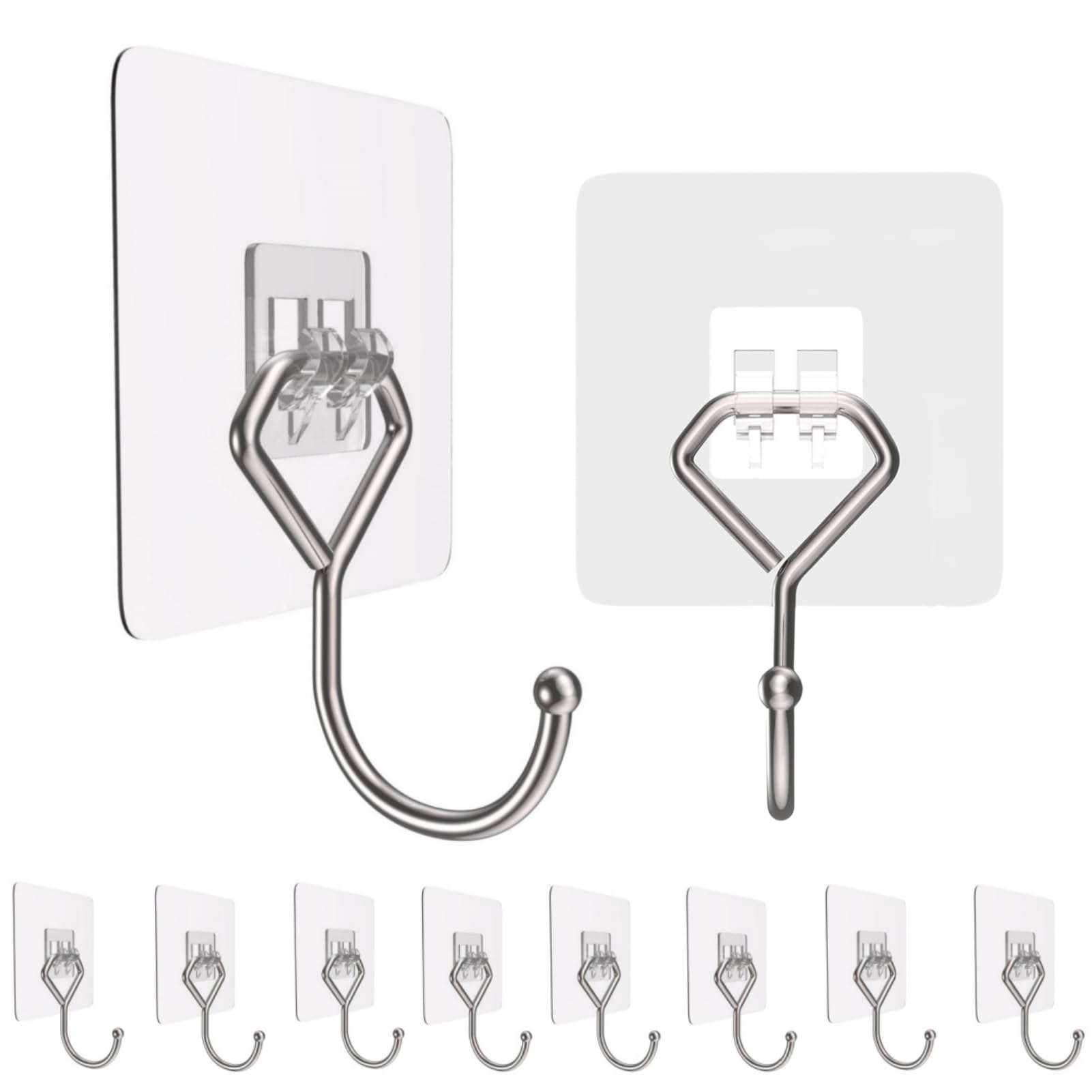 Large Adhesive Hooks 44Ib Max - Clear Removable Wall Hooks for Bathroom, Kitchen, Office & Outdoor - Waterproof Rustproof Self-Adhesive Hooks - 10 Pack - Perfect for Hanging Towels, Coats, Decor & Organizing Small Items