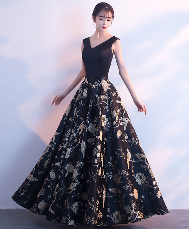 Elegant Black V-Neck Floral Long Prom Dress for Evening Gowns - Perfect for Prom Night, Formal Events & Special Occasions