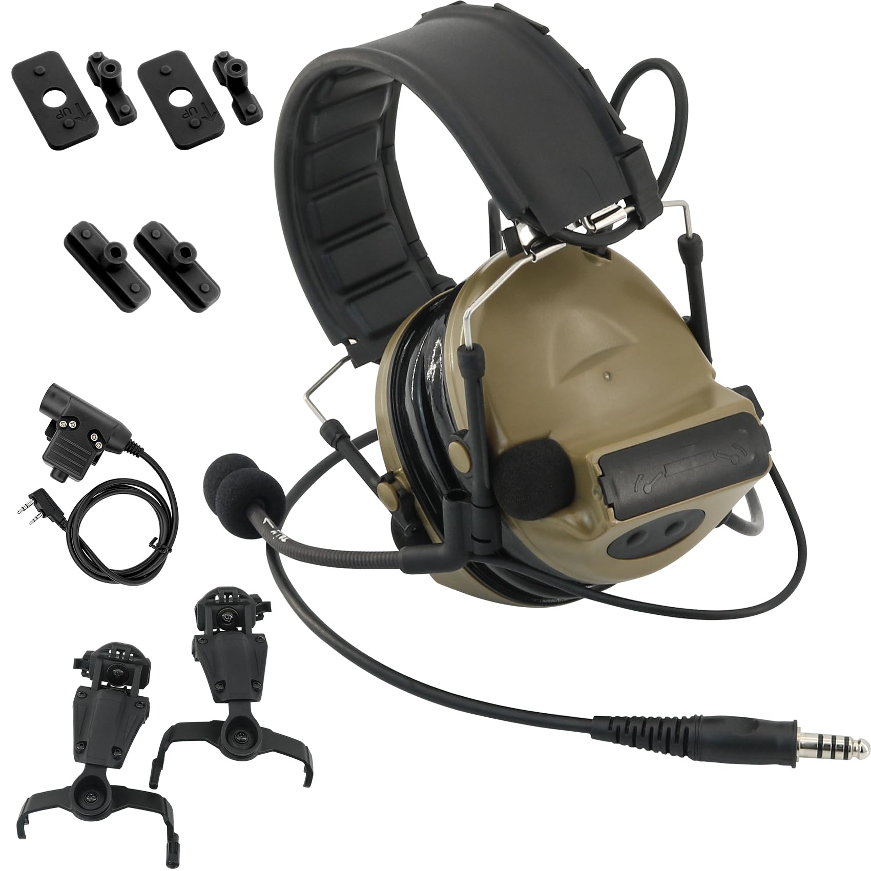 Military Tactical Headset with U94 PTT - Detachable Headband & Rail Adapter for ARC, Mlok & Team Wendy Rail - Tan Color - Perfect for Airsoft, Shooting Sports & Outdoor Adventures