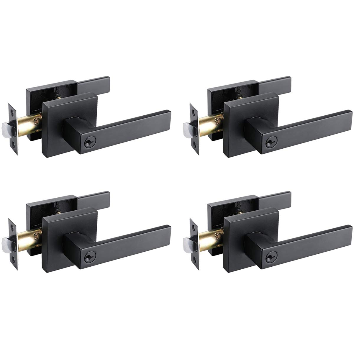 4 Pack Heavy Duty Keyed Entry Door Knob with Lock - Commercial Grade Flat Lever Style Door Handle Set, Keyed Alike Matte Black Door Lockset (Reversible for Left/Right Hand Doors) - Ideal for Offices, Schools & Apartment Buildings