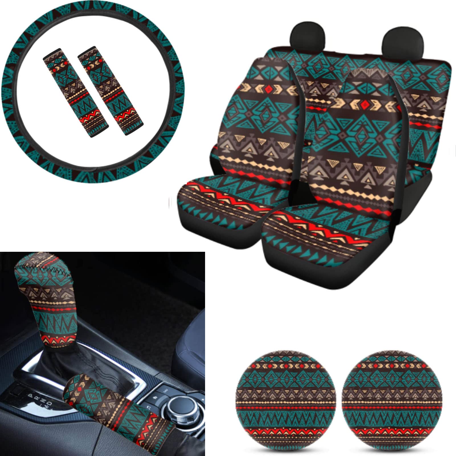 AFPANQZ 11-Piece Car Seat Cover Set - Front & Rear Seat Covers, Steering Wheel Cover, Seat Belt Pads, Gear Shift Knob, Handbrake Cushion & Cup Holder Coasters - Vintage Tribal Stripe Design for Interior Car Decor - Perfect for Sedans, SUVs & Trucks (Road Trips, Daily Commute & Family Travel)