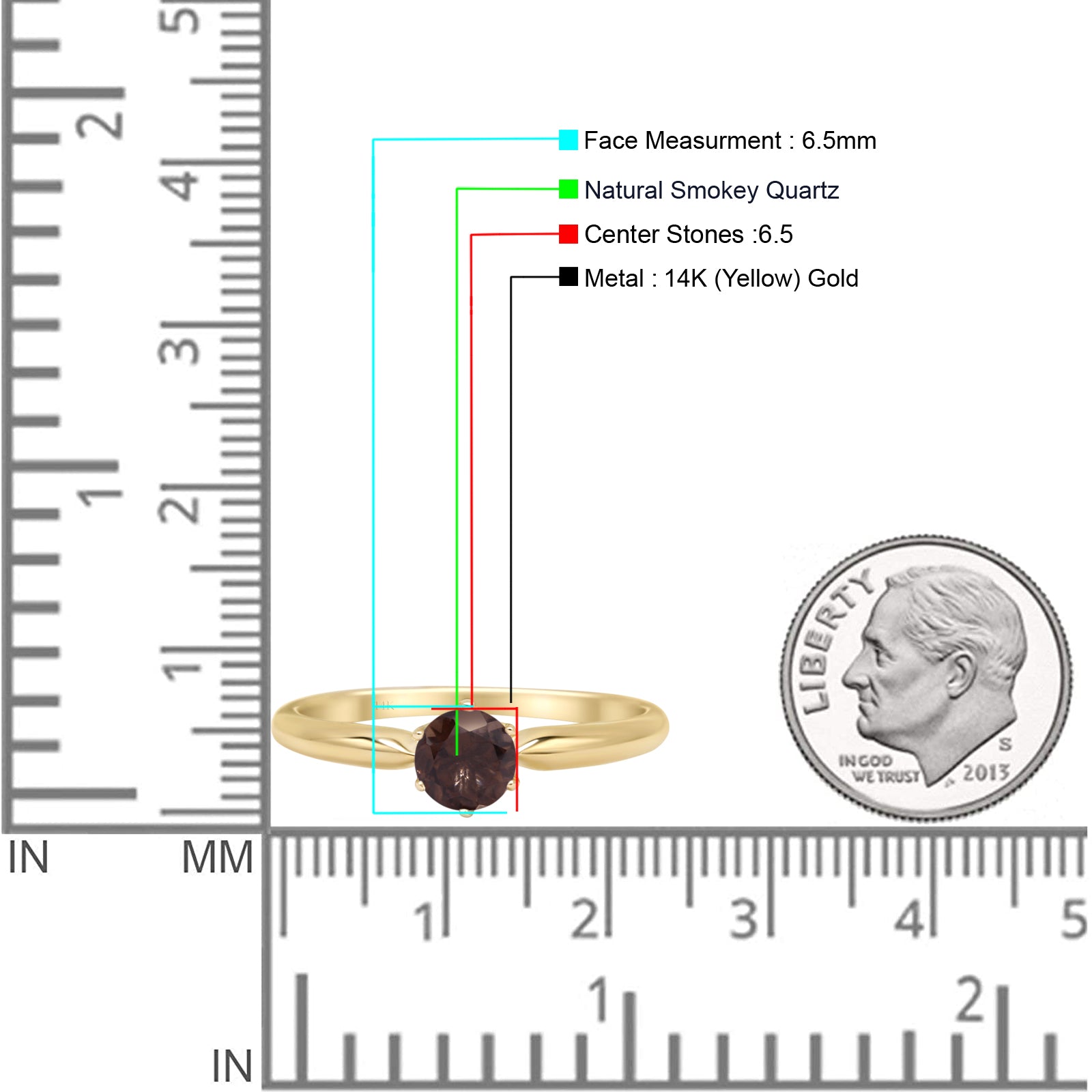 14K Yellow Gold Petite Dainty Round Solitaire Natural Chocolate Smoky Quartz Ring for Women - Elegant Minimalist Jewelry Gift for Anniversary, Valentine's Day & Everyday Wear