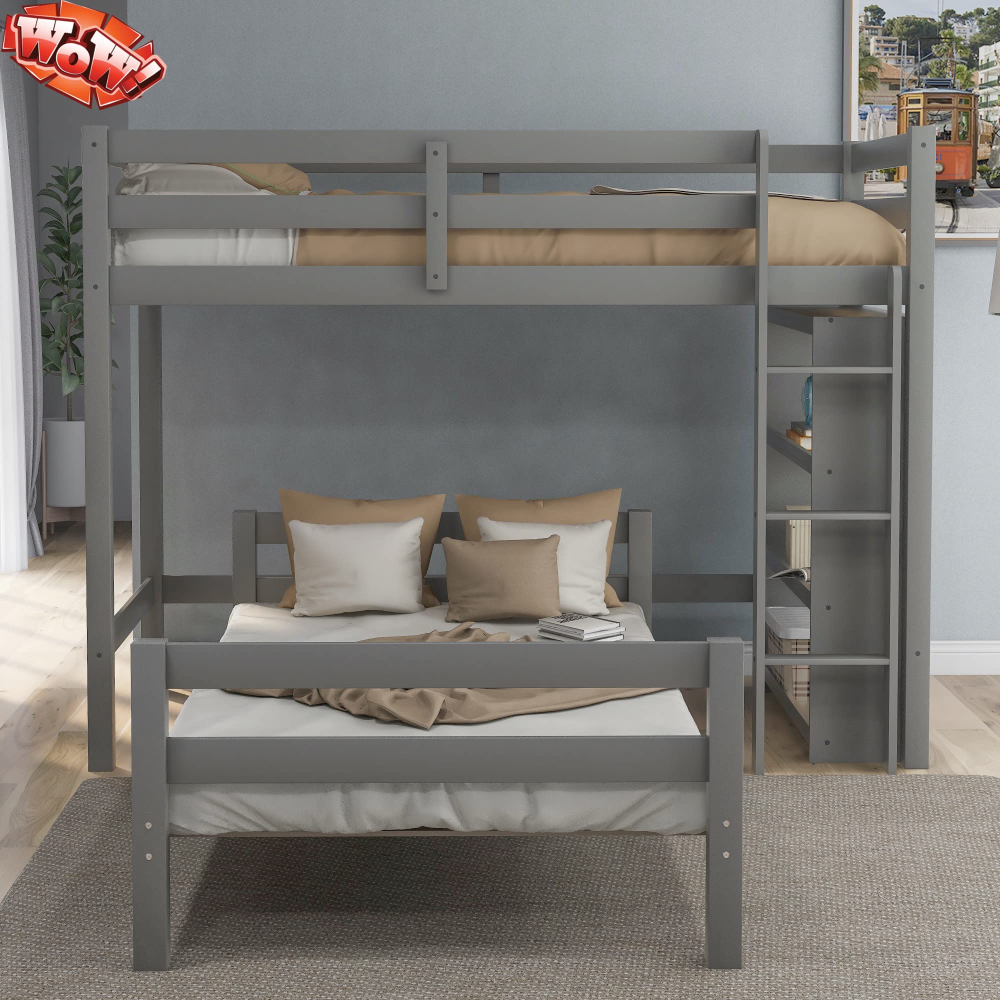 TOEIGEYNR Sturdy Solid Wood Twin Over Twin Loft Bunk Bed Frame with Safety Guard - Grey | Space-Saving Kids & Teens Bedroom Furniture for Small Rooms & Shared Spaces