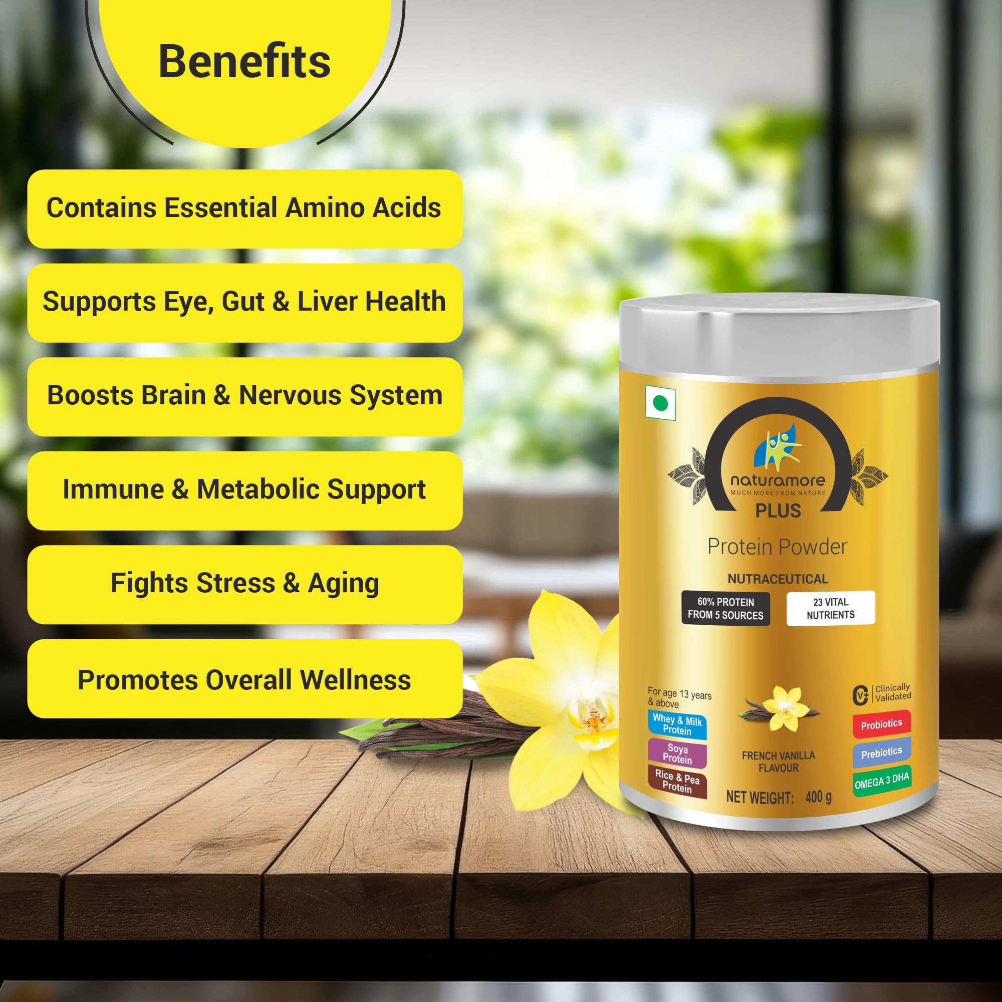 Naturamore Plus Protein Powder - 60% High Protein with Lutein, Probiotics & Omega 3 DHA | Gluten-Free, Non-GMO, No Sugar Added | French Vanilla Flavor 400g - Perfect for Post-Workout Recovery & Healthy Lifestyle