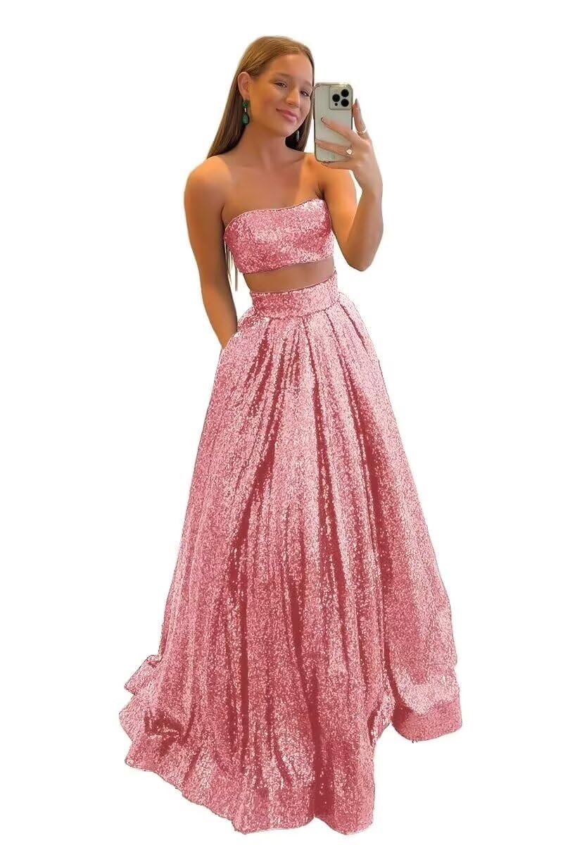 Elegant Women's Two-Piece Long Sequin Prom Dress - A-Line Satin Formal Evening Gown for Wedding, Party & Special Occasions | Perfect for Homecoming, Quinceañera & Black Tie Events