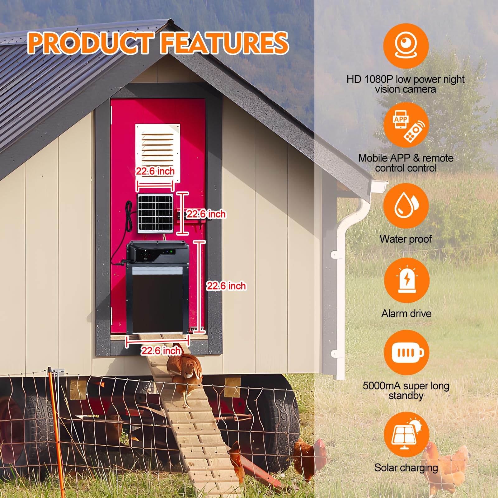 Solar Powered Automatic Chicken Coop Door with HD1080P Camera, 5000mAh Battery, WiFi & Night Vision - Smart Poultry Access Control for Backyard Farms & Homesteads (Monitor via Mobile App)