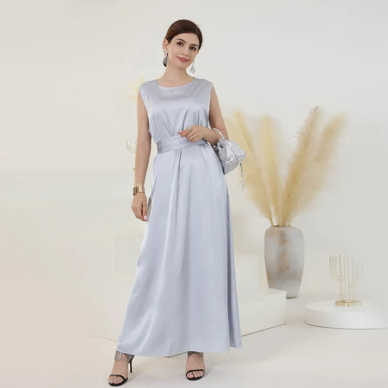 Elegant Muslim Women's Beaded Sleeve Satin Cardigan Open Abaya Dress for Eid, Wedding, Party & Special Occasions - Perfect for Islamic Celebrations, Festivals and Formal Events