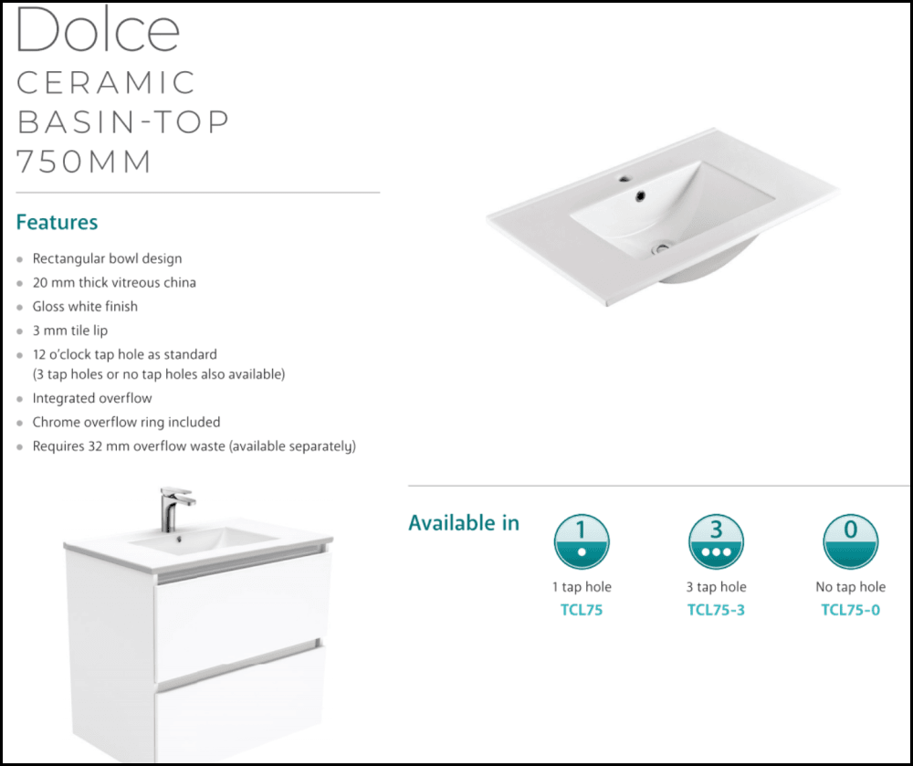 Fienza Dolce Edge TCL75SKL Scandi Oak 750mm Bathroom Vanity with Kickboard & Left Drawers - Modern Sink Cabinet for Small Spaces, Powder Rooms & Guest Baths