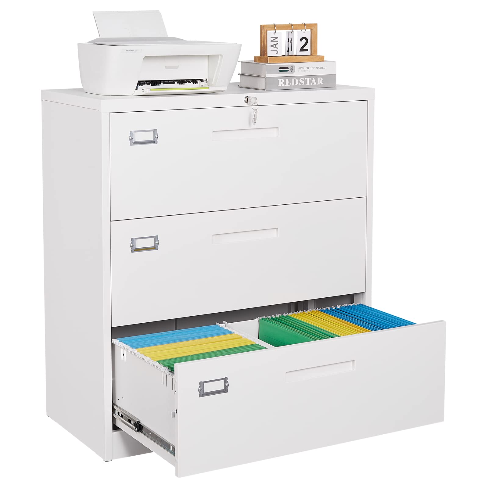 3-Drawer Lateral File Cabinet with Lock - White Horizontal Metal Filing Cabinet for Office & Home - Fits A4/F4/Letter/Legal Files - Secure Document Storage for Office Organization & Home Office Use