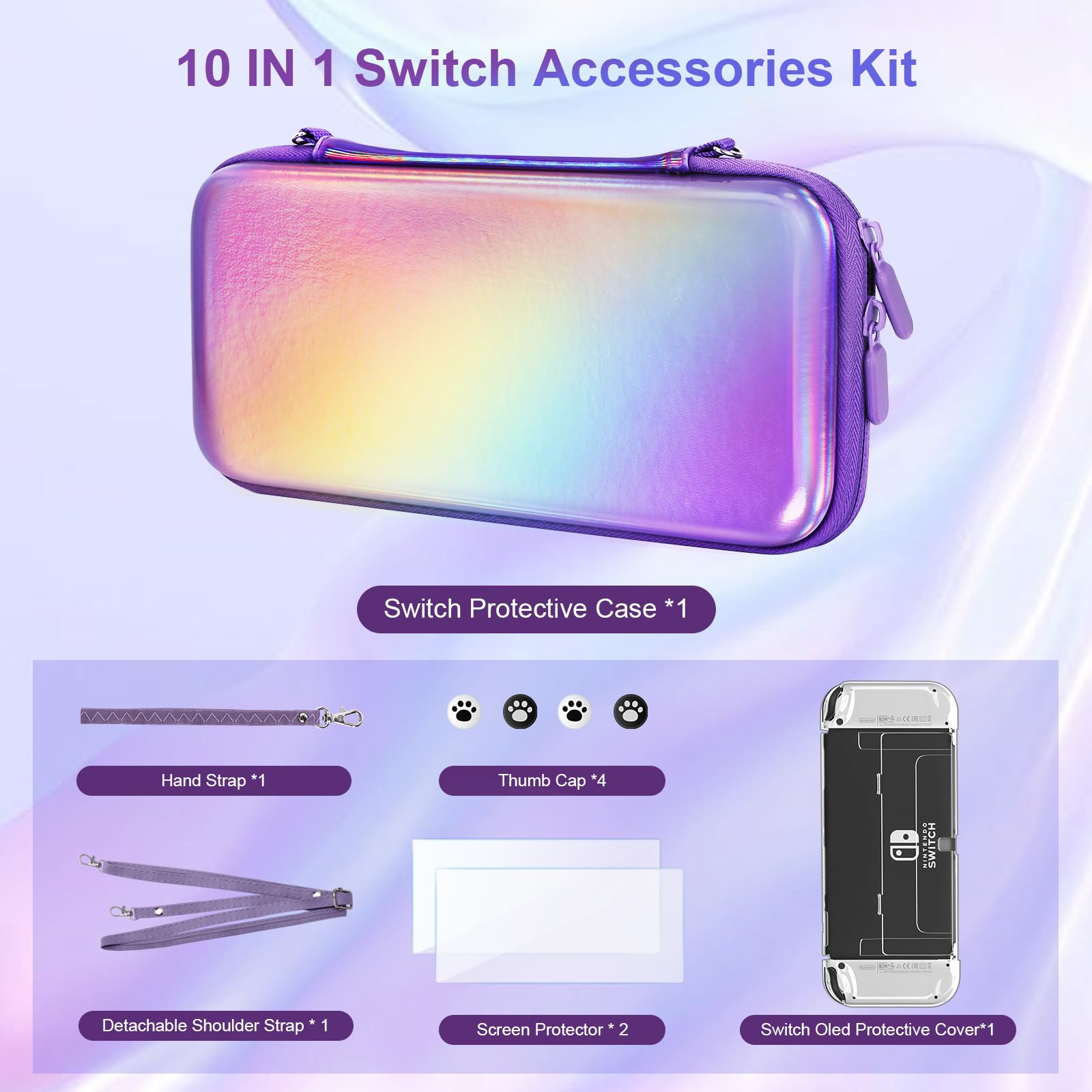 Belle&Birdie Protective Hard Shell Carrying Case for Nintendo Switch OLED - 10-in-1 Accessories Bundle with Game Cartridge Holder, Screen Protector, Cover, Strap & Thumb Grips | Waterproof Travel Case for Gaming On-The-Go, Commuting & Outdoor Adventures