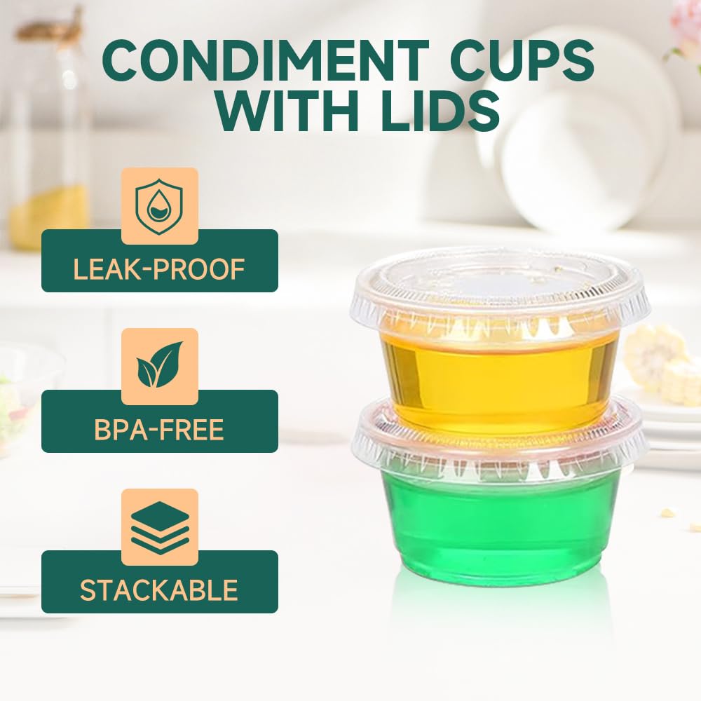 240 Sets - 2oz Plastic Jello Shot Cups with Lids, Disposable Condiment & Sauce Cups for Portion Control, Meal Prep, Salad Dressing, Sample Tasting - Perfect for Parties, Catering & Food Service
