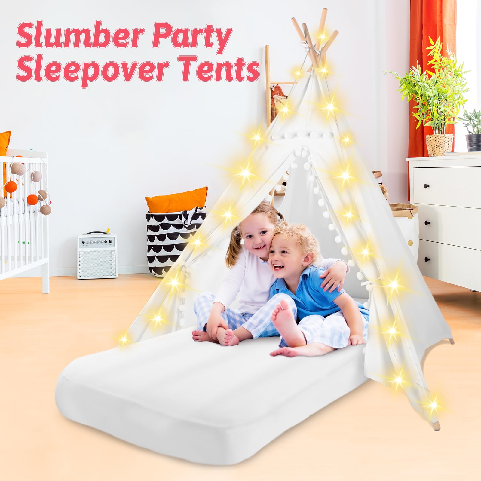 4-Pack Kids Teepee Tents for Sleepovers & Slumber Parties - Includes Inflatable Airbed, Fairy Lights & Washable Cotton Play Tent for Toddlers (White) - Perfect for Indoor Camping, Birthday Parties & Playroom Decor