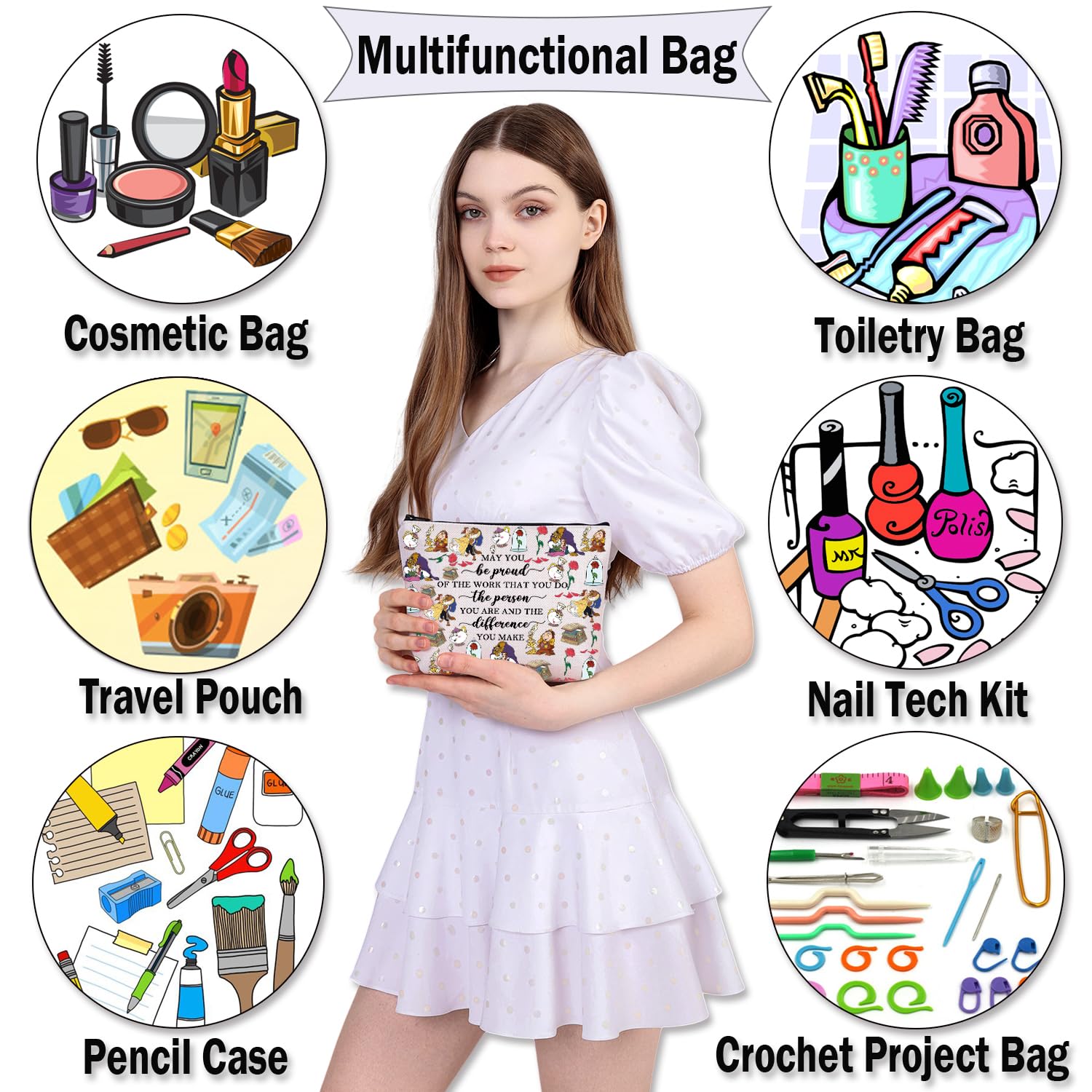 Disney Princess Belle Inspired Makeup Bag - Motivational Quote 'May You Be Proud' Beauty Travel Cosmetic Pouch - Perfect Gift for Women, Girls & Disney Fans (Be Proud Beauty Bag) - Ideal for Travel, Work & Daily Makeup Organization