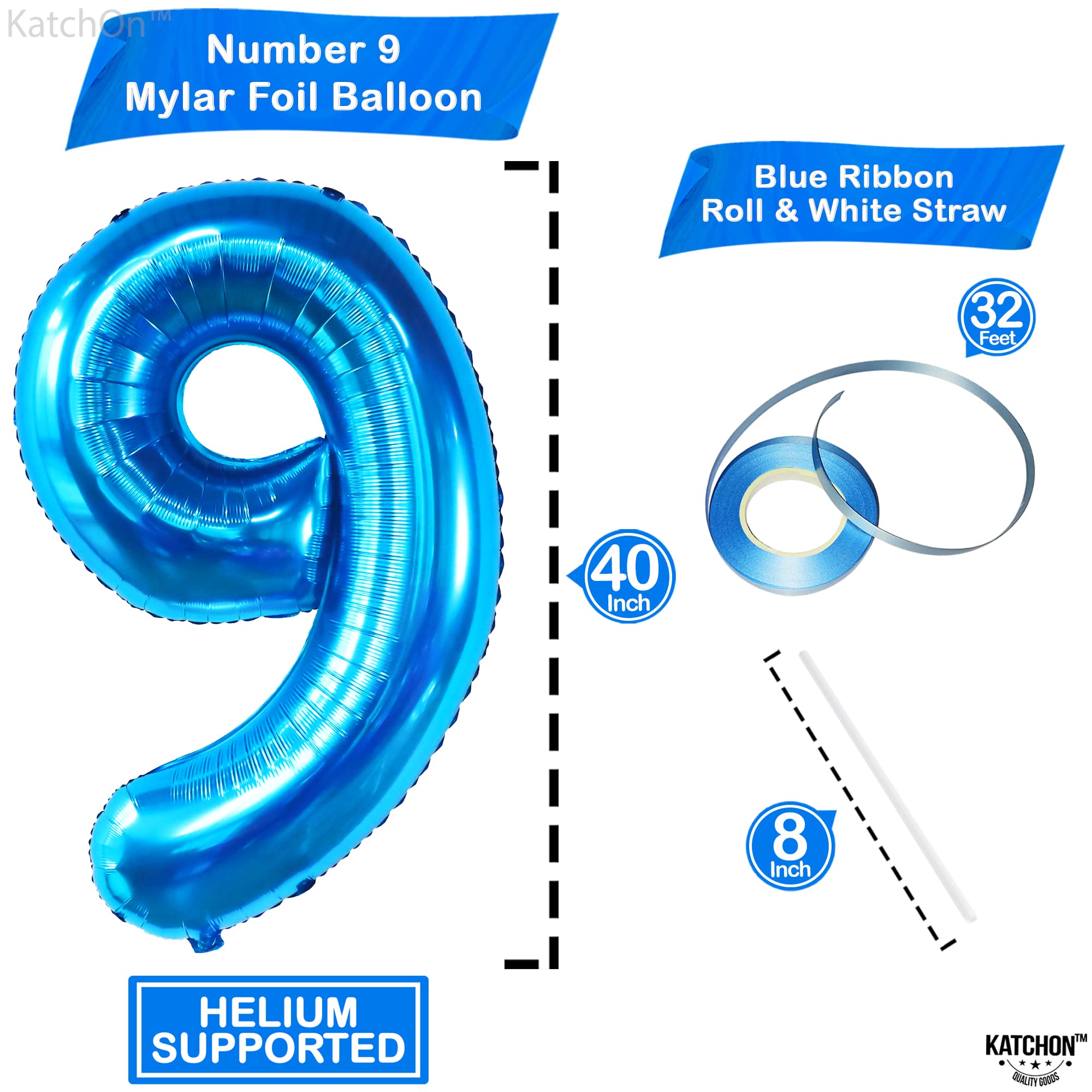 KatchOn Giant Blue Number 9 Balloon - 40 Inch Large Foil Balloon for 9th Birthday Party Decorations, Baby Shower, Anniversary & Graduation Celebrations | Perfect for Photo Backdrops & Event Centerpieces