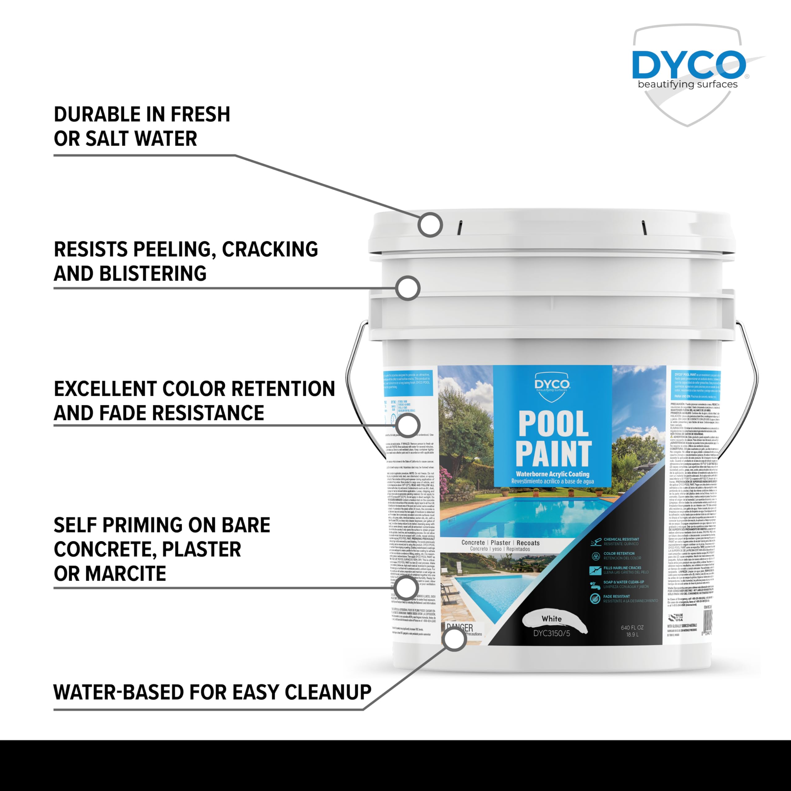 Dyco Waterborne Acrylic Pool Paint - UV, Water, Salt & Chemical Resistant - Prevents Fading & Cracking - Seals Hairline Cracks - Long Lasting 5-8 Years - White 5 Gallon - Perfect for Inground & Above Ground Pools, Pool Decks & Concrete Surfaces