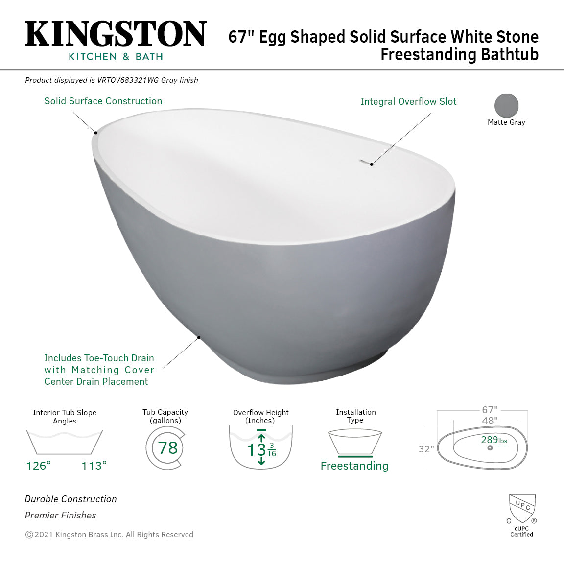 Arcticstone 67 Inch Freestanding Bathtub - Double Ended Egg Shaped Solid Surface Tub with Drain in Glossy White/Matte Gray | Modern Bathroom Luxury for Spa-Like Relaxation