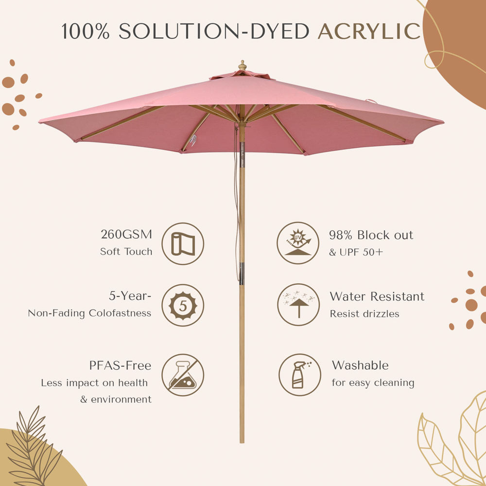 9ft Wood Outdoor Umbrella with Acrylic Fabric UV50+ Sun Protection - 10 Year Warranty - Perfect for Patio, Poolside, Garden and Backyard Relaxation