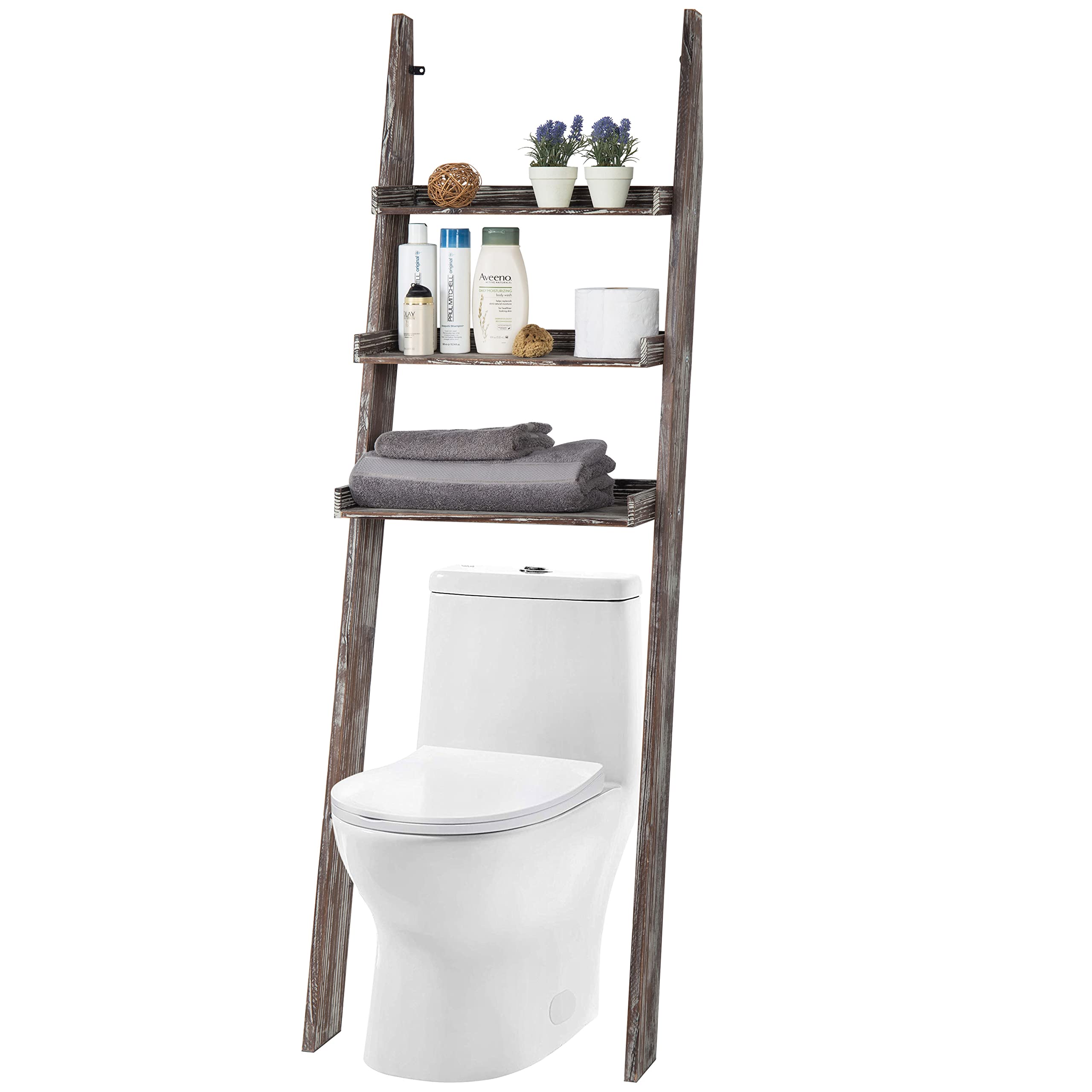 MyGift 3-Tier Over The Toilet Storage Shelf - Solid Torched Wood Wall Leaning Ladder Bathroom Organizer Rack for Small Spaces | Space-Saving Bathroom Storage Solution for Towels, Toiletries & Decor