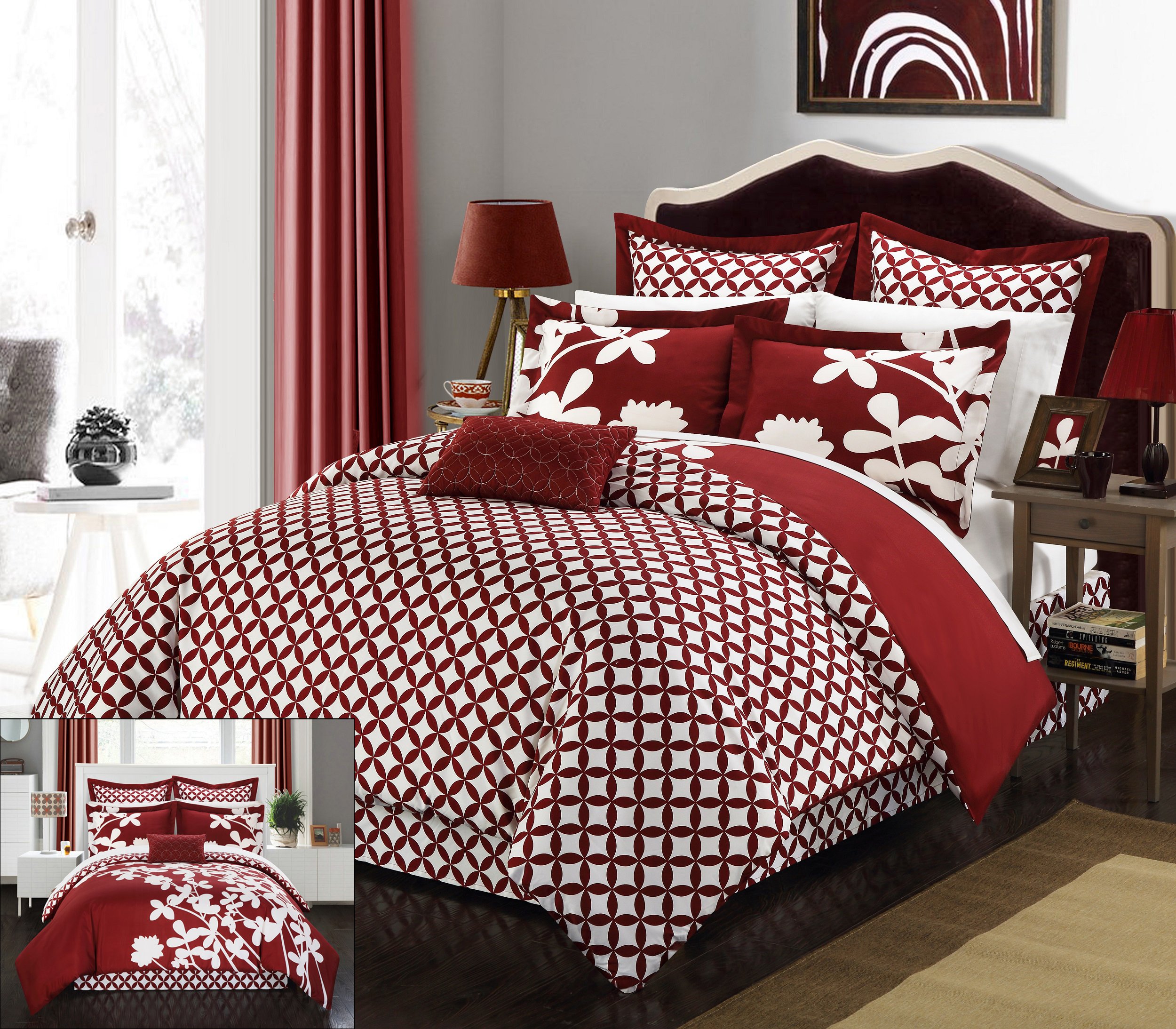 Chic Home 7-Piece Iris Reversible King Comforter Set - Burgundy & Red Large Scale Floral Pattern - Perfect for Master Bedroom, Guest Room & Luxury Hotel Decor