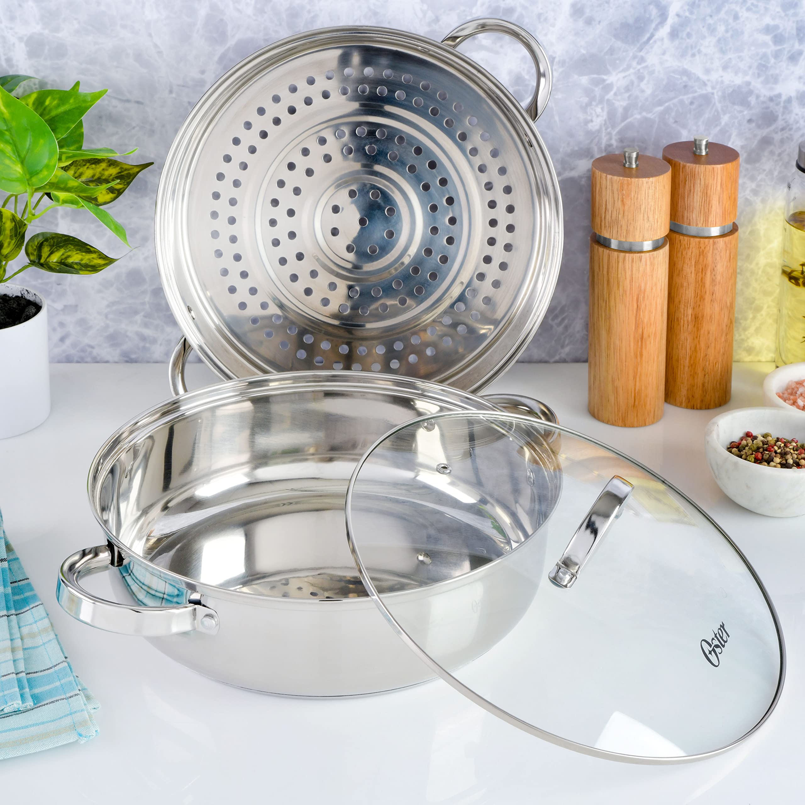 Oster Sangerfield 6 Quart Dutch Oven with Steamer Basket - Stainless Steel Casserole Pot for Baking, Roasting & Steaming - Perfect for Soups, Stews & Family Dinners