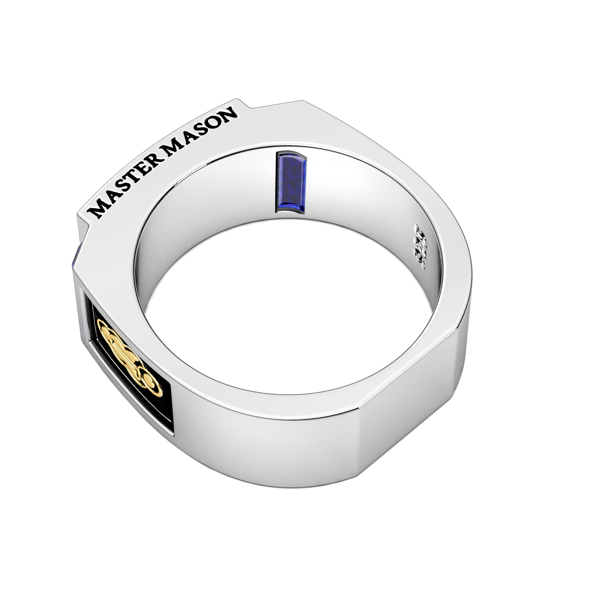 8mm Two-Tone Sterling Silver Blue Lodge Master Mason Simulated Sapphire Ring for Men - Size 8-13 | 925 Silver Masonic Jewelry for Brotherhood & Formal Occasions