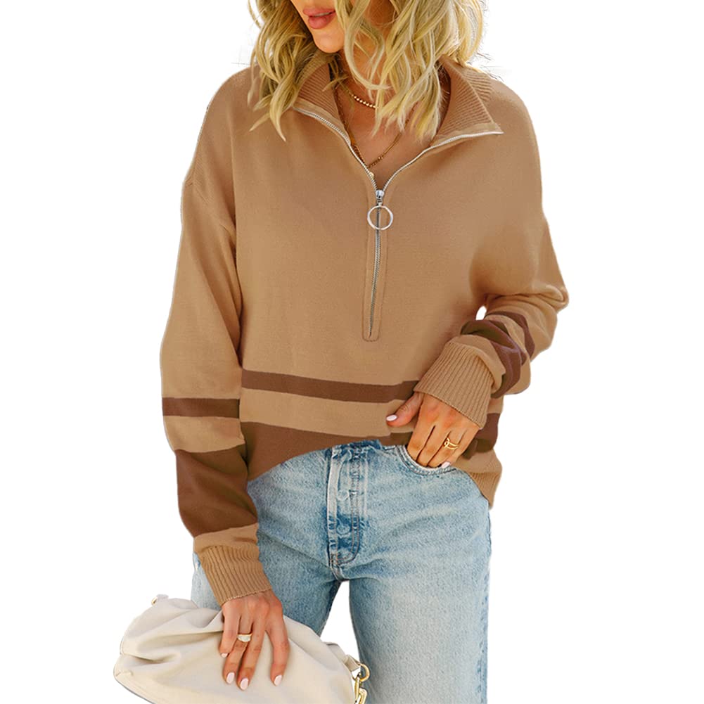 Women's Half Zip Pullover Sweater - V Neck Long Sleeve Loose Knit Top with Striped Collar | Casual Fall Winter Fashion for Work & Outdoor Activities