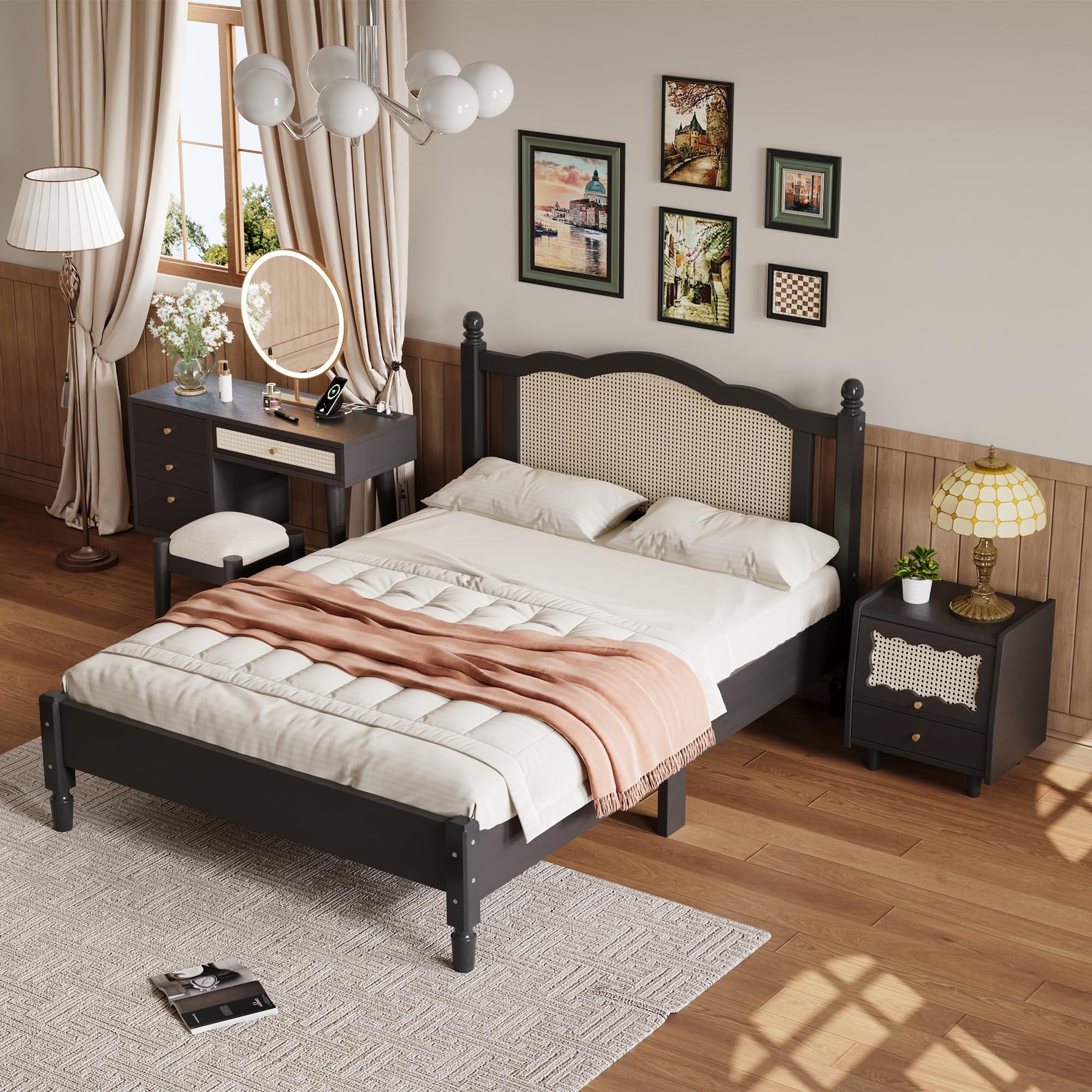 HABITRIO 3-Piece Full Size Bedroom Set - Platform Bed Frame, Nightstand & Makeup Vanity with Stool in Black | Modern Bedroom Furniture for Small Spaces, Guest Rooms & Apartments
