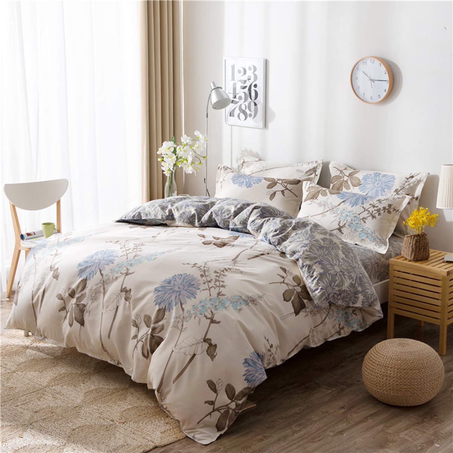 Luxury Cream Floral Duvet Cover Set Queen Size - Soft Reversible Bedding for Cozy Sleep