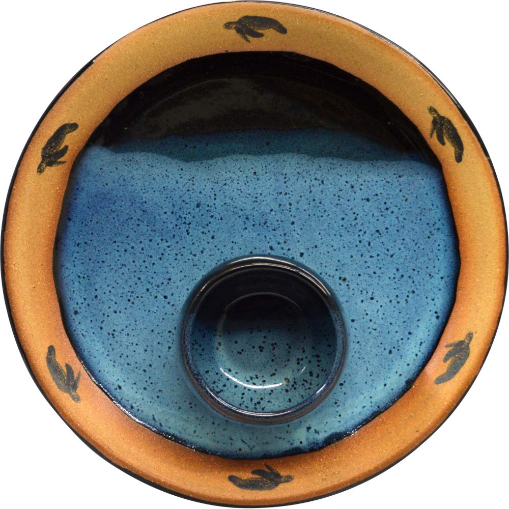 Handmade Ceramic Chip and Dip Party Plate with Sea Turtle & Waterfall Glaze - Traditional Polished Stoneware Serving Platter & Dipping Bowl - Perfect for Snacks, Appetizers, Parties & Home Entertaining