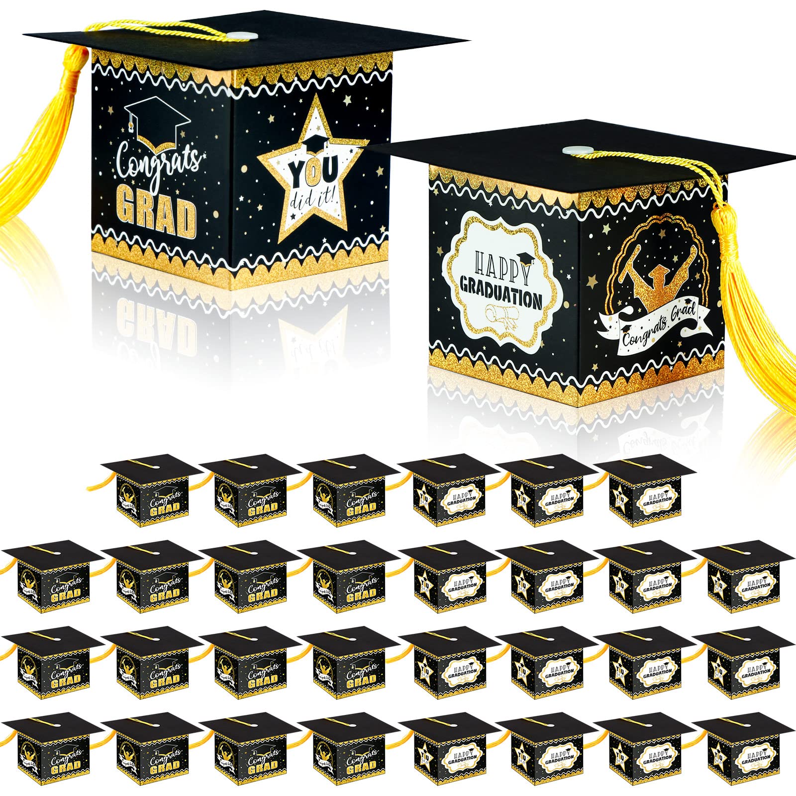 AerWo 30Pcs Gold and Black Graduation Party Favors - Congrats Grad Decorations, Graduation Cap Gift Box & Candy Box - Perfect for College & High School Graduation Party Decor 2025 - Great for Graduation Ceremonies, Open House Events & Commencement Celebrations
